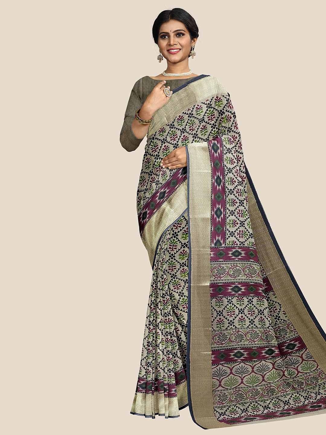 

The Chennai Silks Floral Printed Zari Pure Cotton Saree, Beige