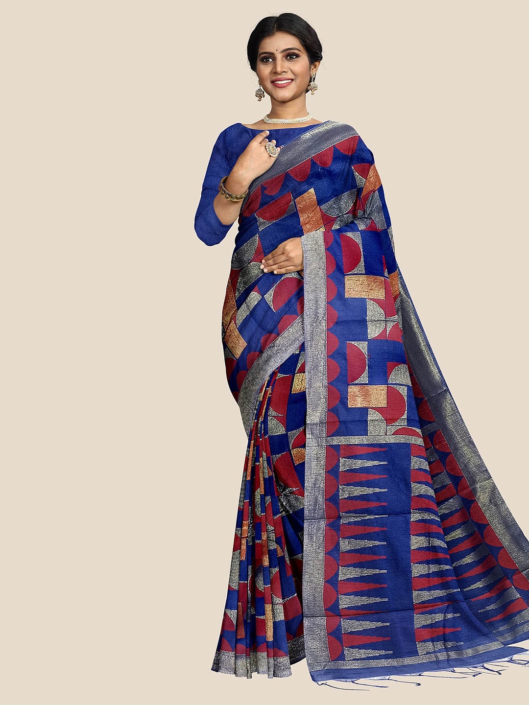 

The Chennai Silks Blue & Red Zari Chanderi Saree