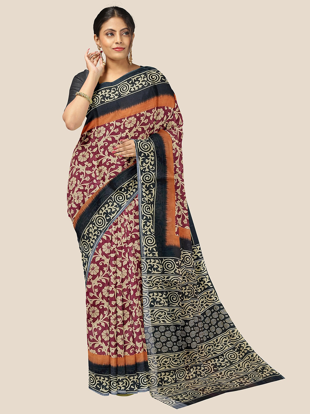

The Chennai Silks Floral Pure Cotton Saree, Maroon