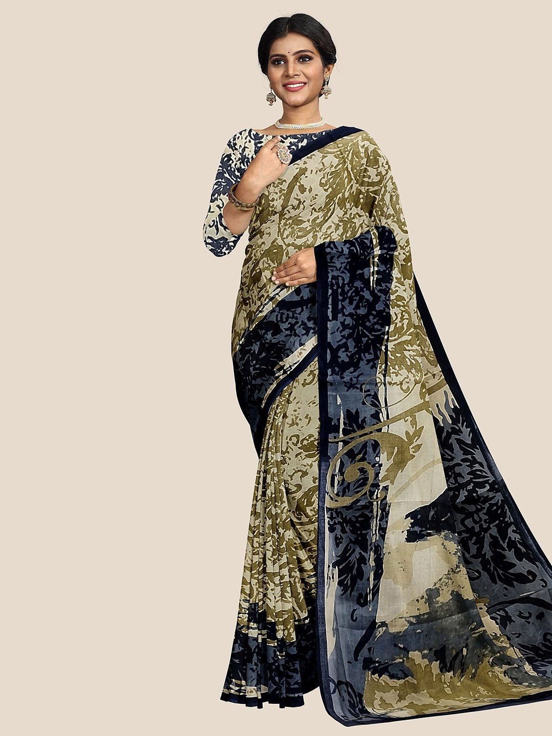 

The Chennai Silks Floral Pure Cotton Saree, Beige
