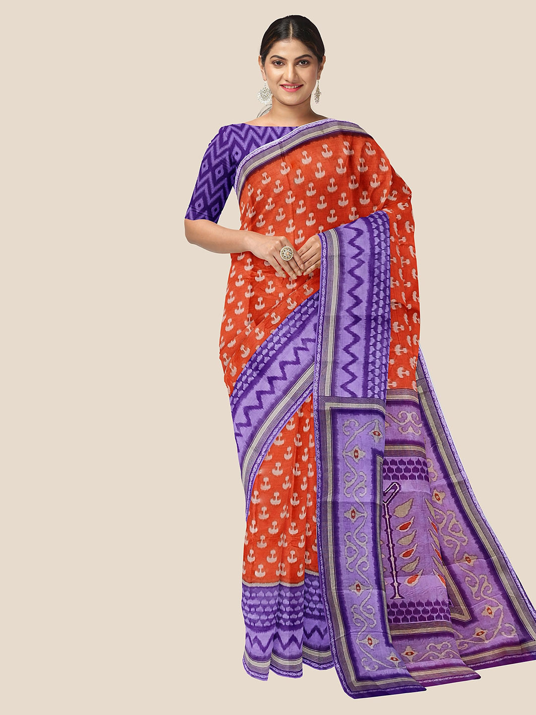 

The Chennai Silks Ethnic Motifs Pure Cotton Ikat Saree, Orange
