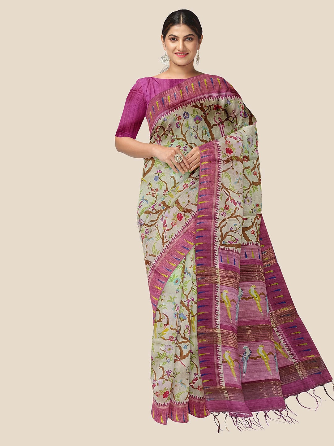 

The Chennai Silks Floral Pure Cotton Saree, Beige