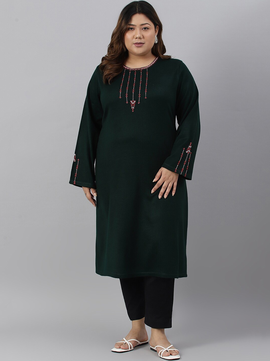

W Women Plus Size Yoke Design Acrylic Kurta, Green