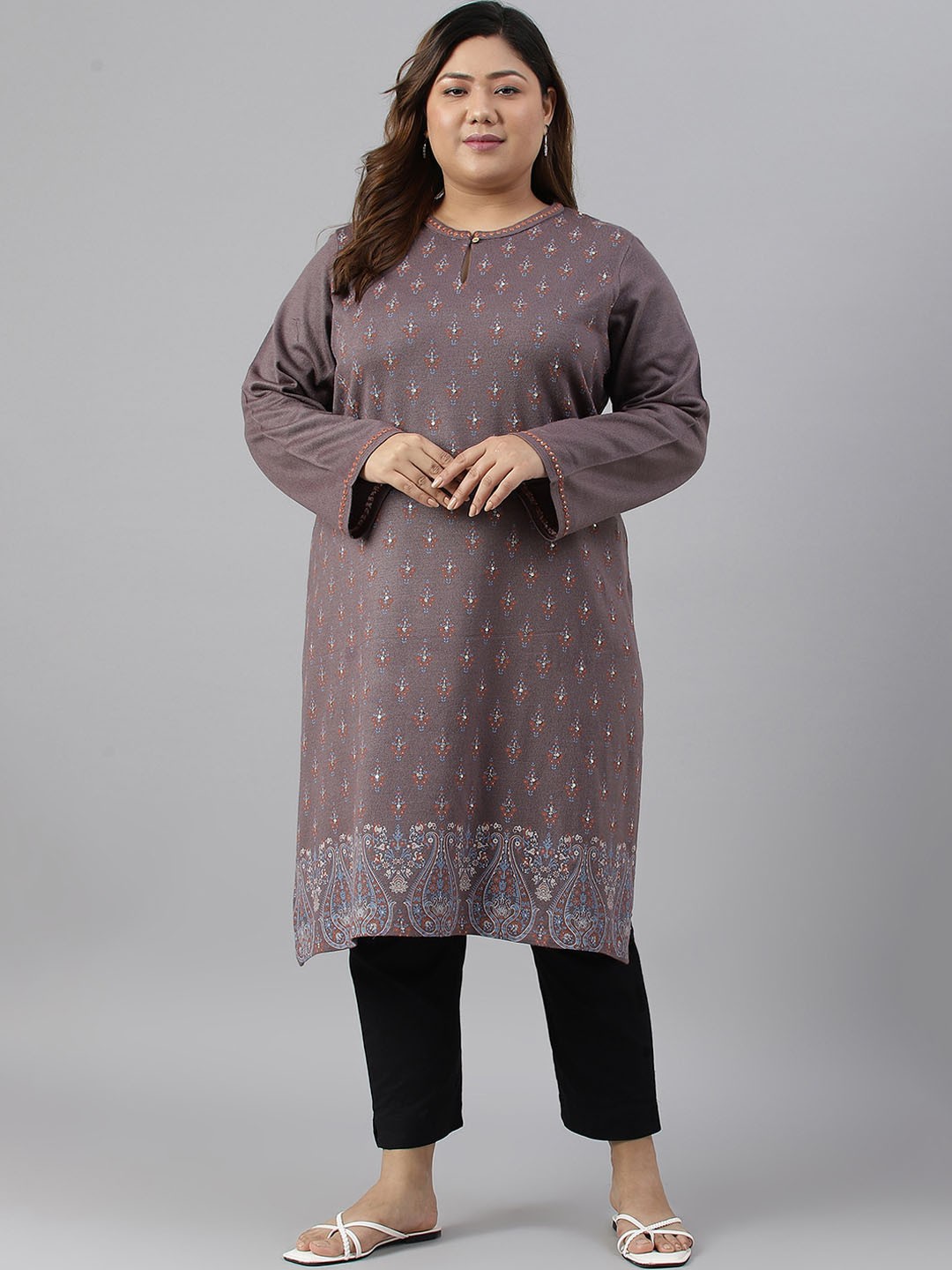 W Women Plus Size Ethnic Motifs Printed Keyhole Neck Flared Sleeves Acrylic Kurta, Purple