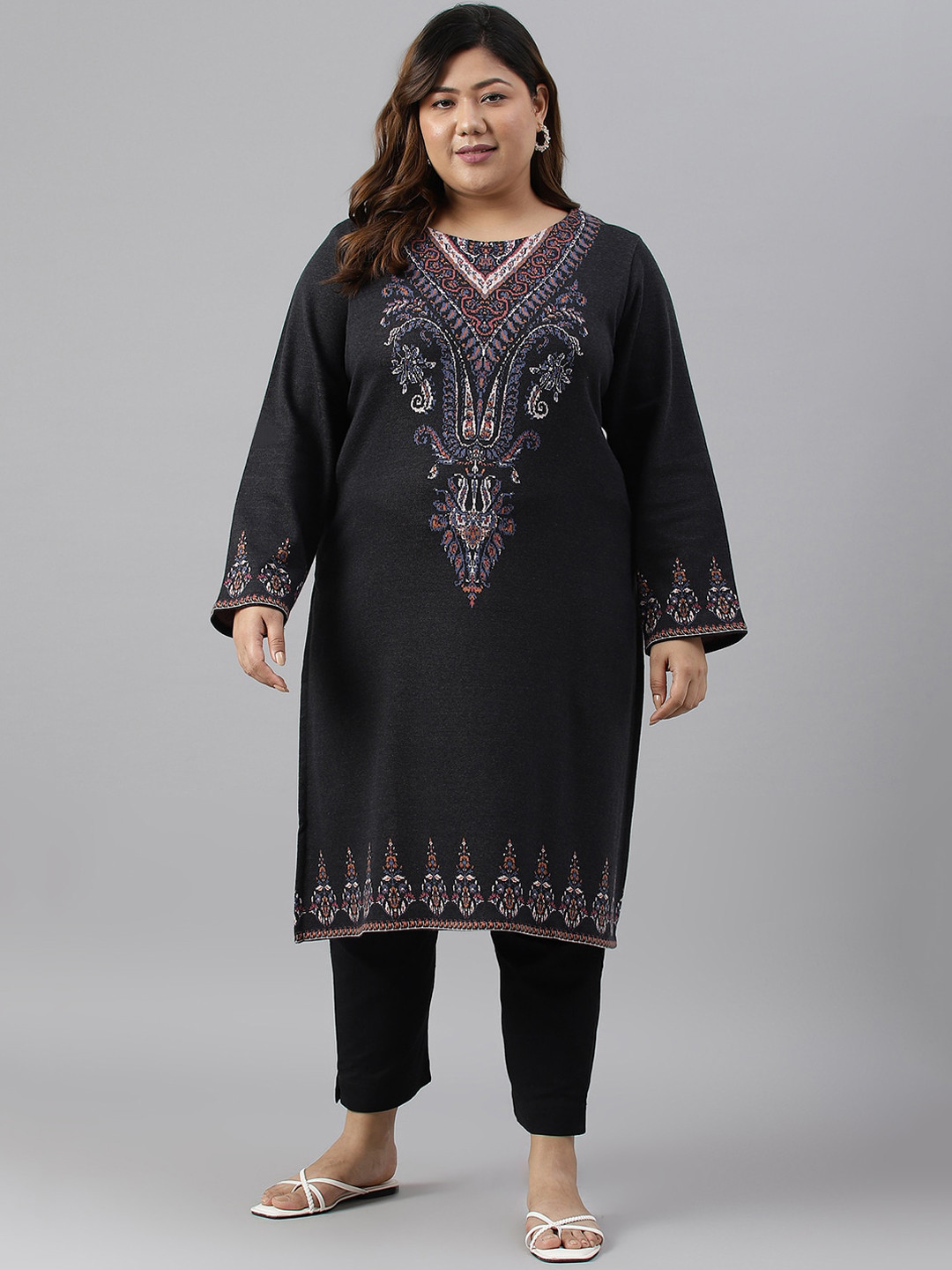 

W Women Plus Size Ethnic Motifs Printed Flared Sleeves Kurta, Black