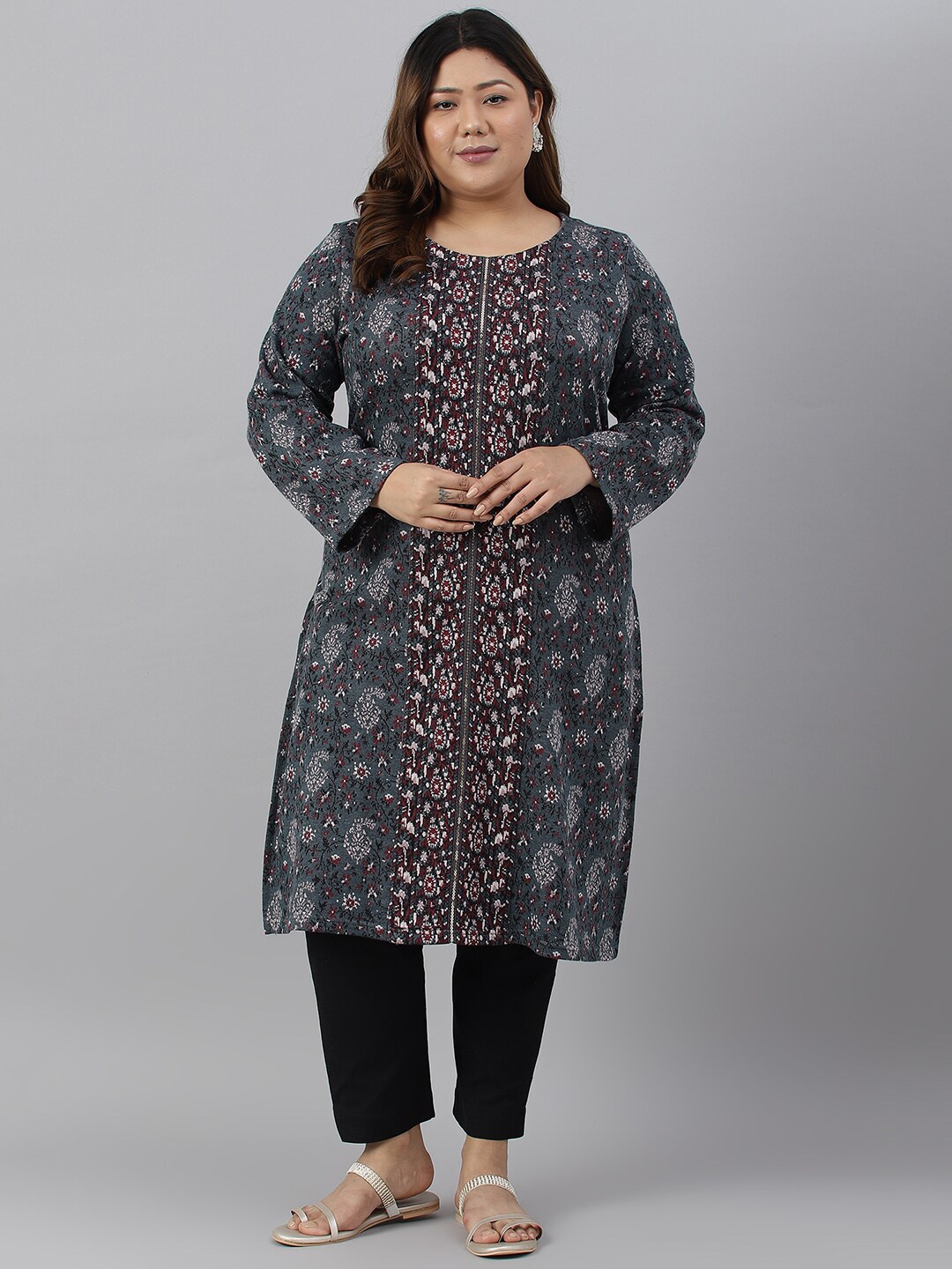 

W Women Plus Size Ethnic Motifs Printed Flared Sleeves Kurta, Blue