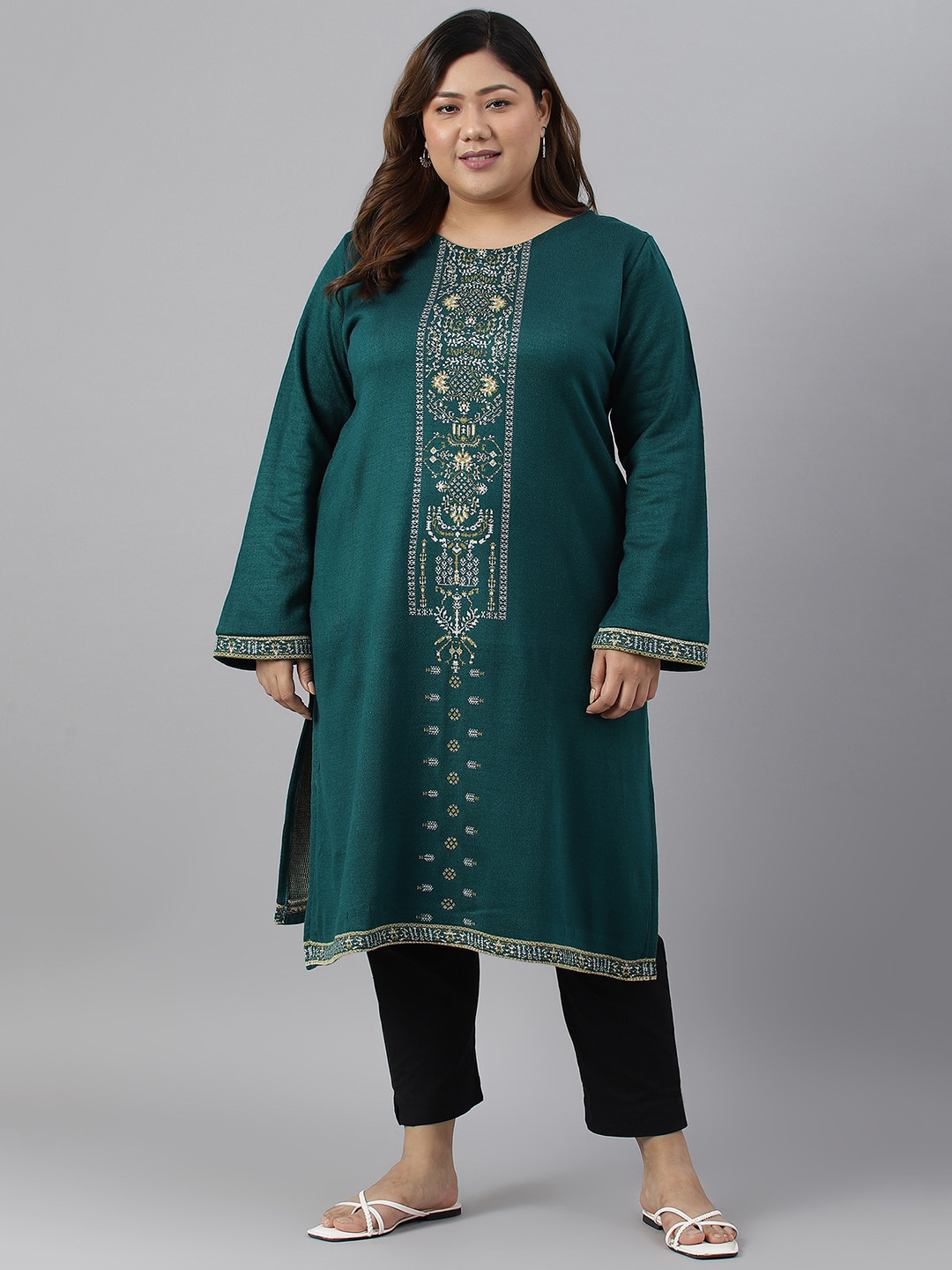 W Women Plus Size Ethnic Motifs Printed Flared Sleeves Acrylic Kurta, Green