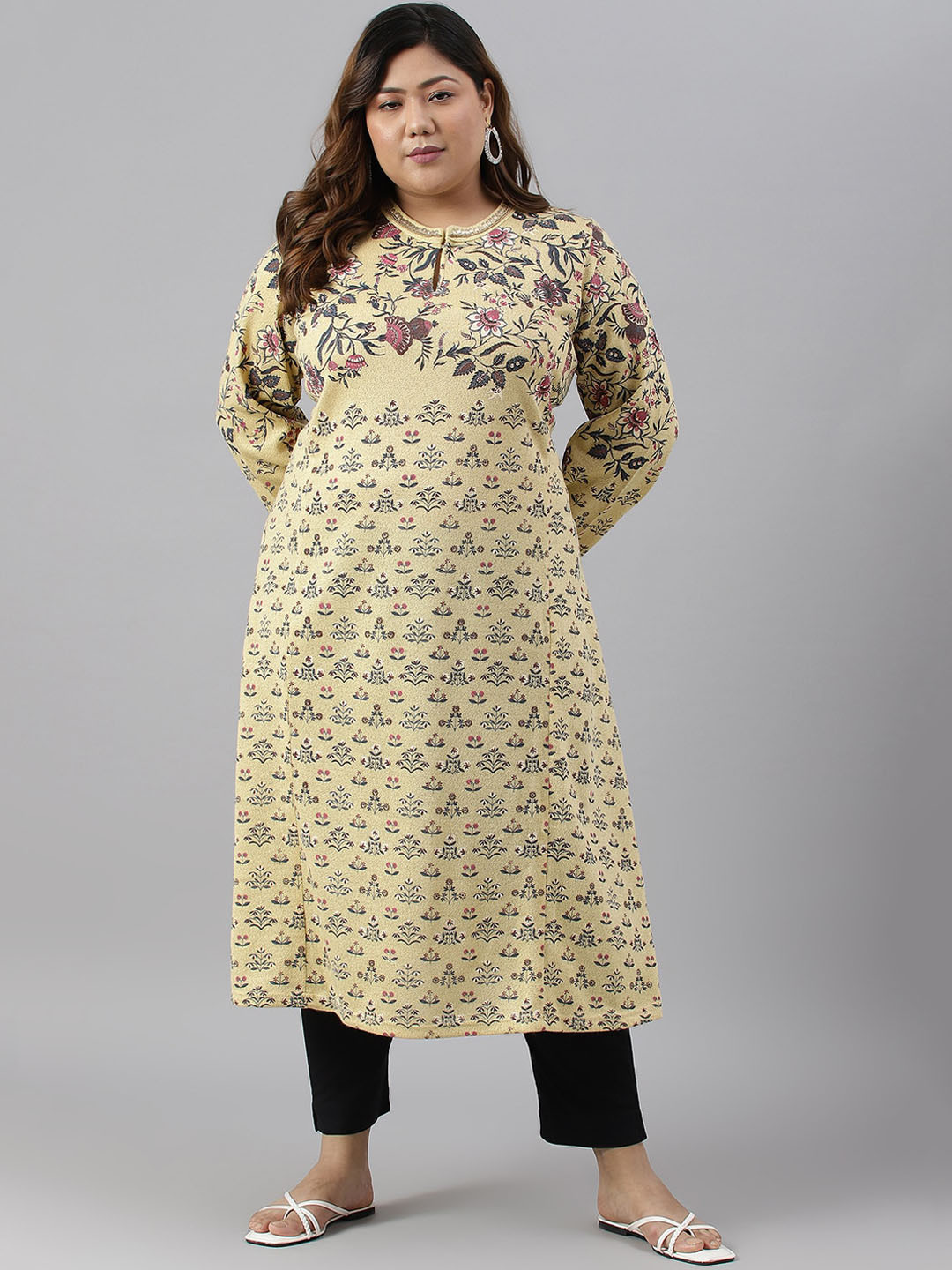

W Women Plus Size Floral Printed Keyhole Neck Acrylic Kurta, Beige