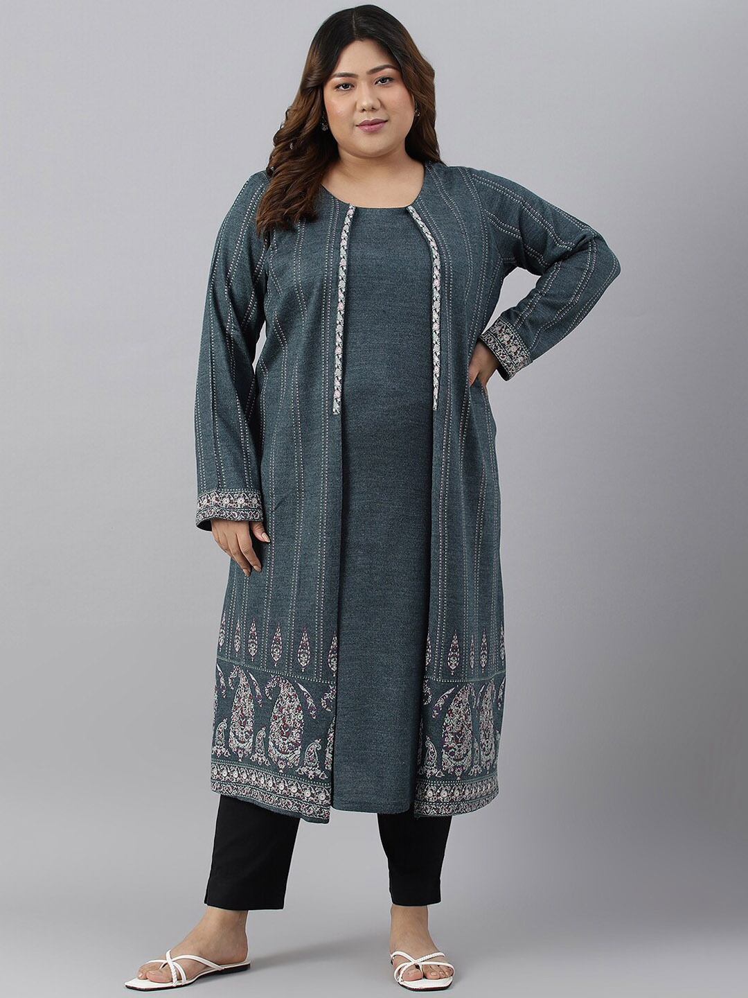 

W Women Plus Size Ethnic Motifs Indie Prints Acrylic Kurta, Teal