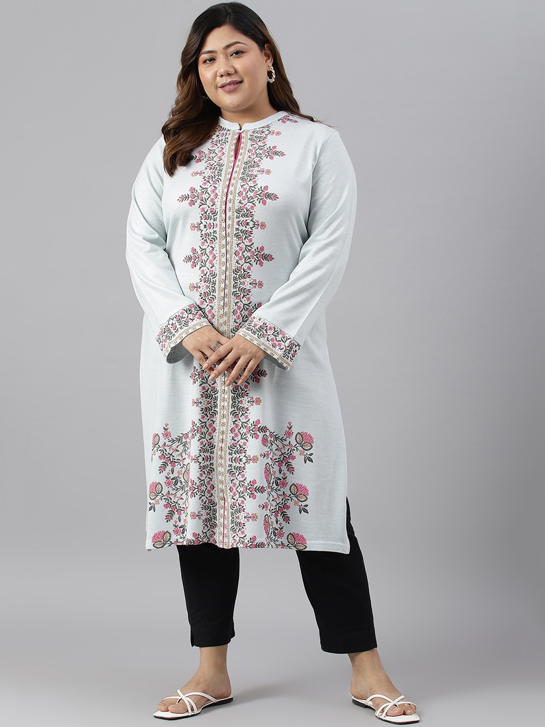 

W Women Plus Size Floral Printed Keyhole Neck Floral Acrylic Kurta, Off white