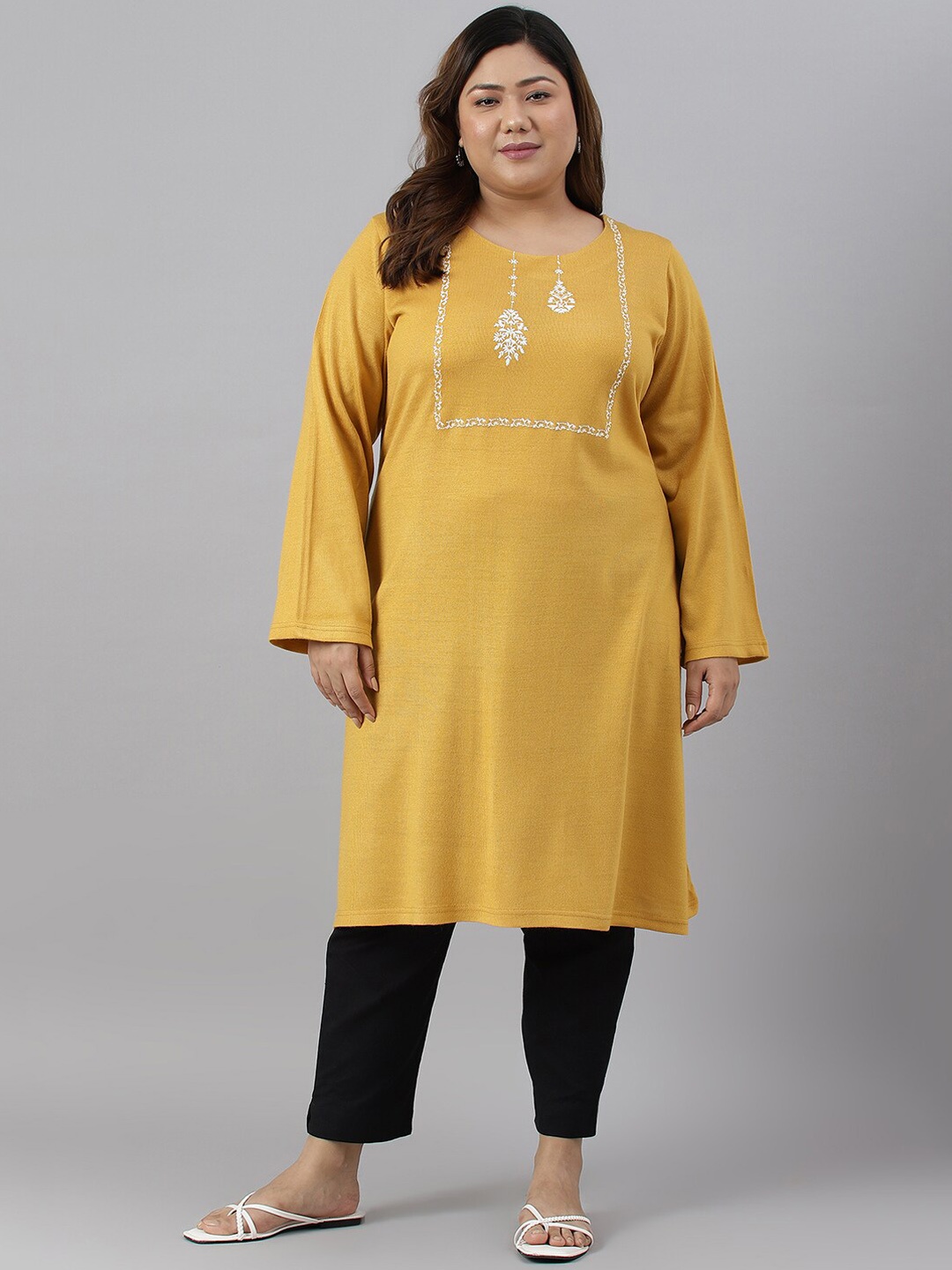 

W Women Plus Size Embroidered Flared Sleeves Thread Work Floral Kurta, Yellow