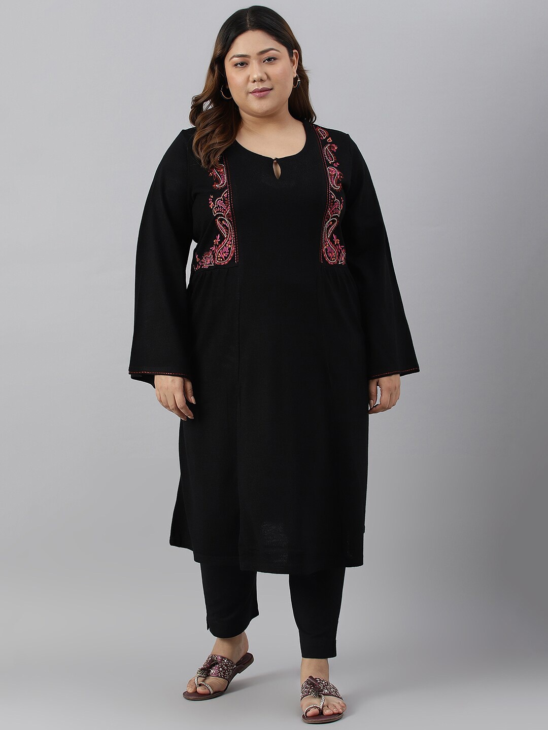 

W Women Plus Size Paisley Embroidered Flared Sleeves Thread Work Indie Prints Kurta, Black