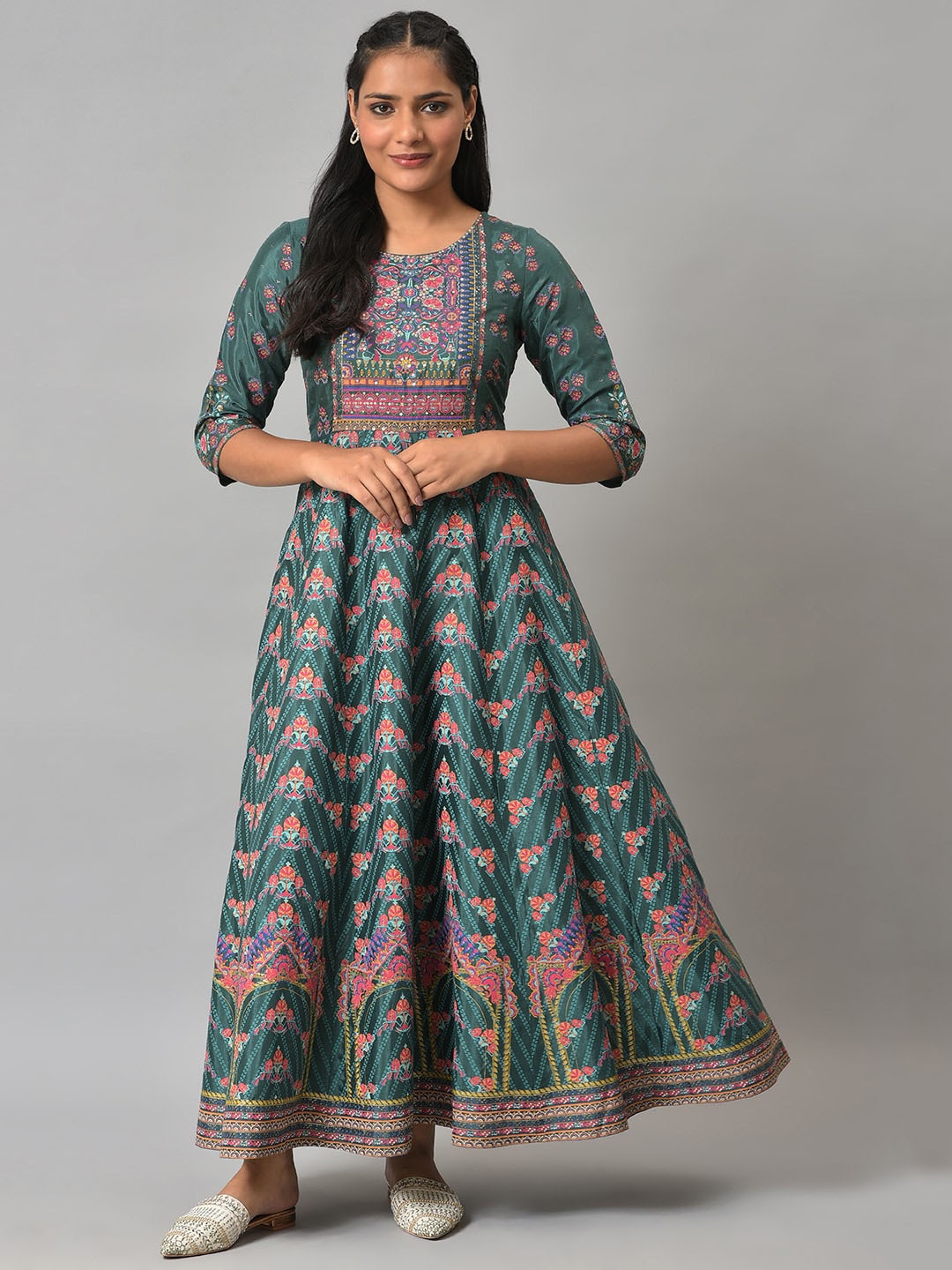 

W Ethnic Motifs Printed Maxi Ethnic Dress, Green
