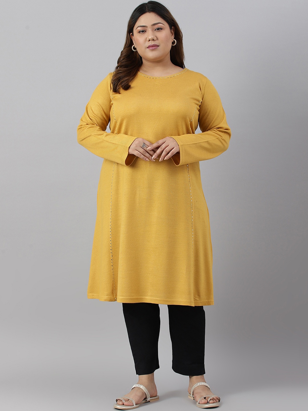 

W Women Plus Size Long Sleeves Acrylic Kurta, Yellow