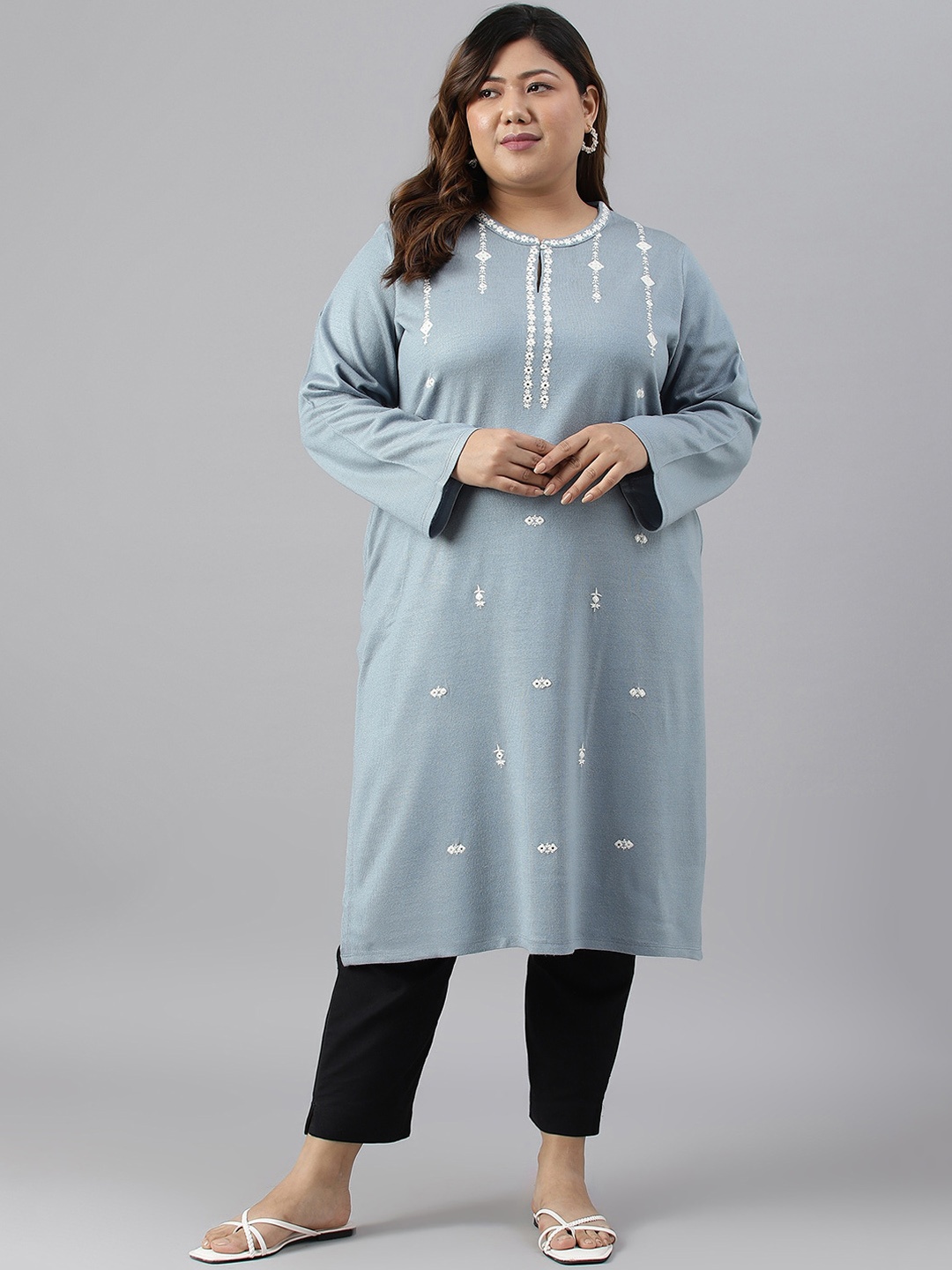 

W Women Plus Size Floral Embroidered Keyhole Neck Thread Work Acrylic Kurta, Blue