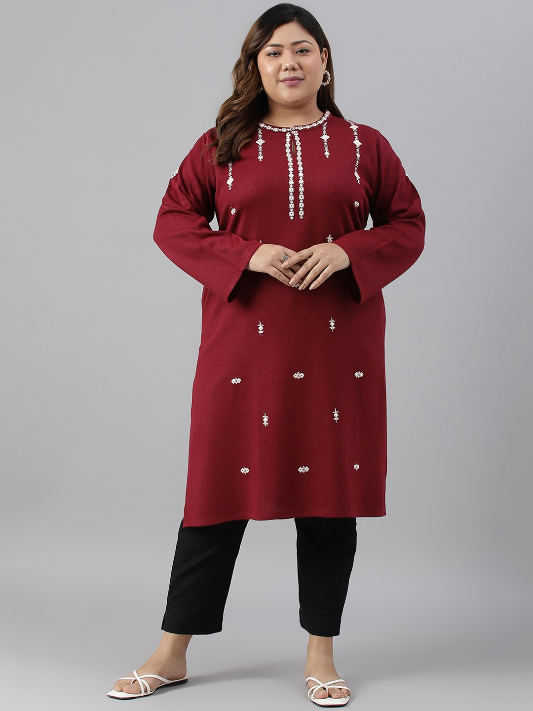 

W Women Plus Size Floral Embroidered Keyhole Neck Thread Work Acrylic Kurta, Red