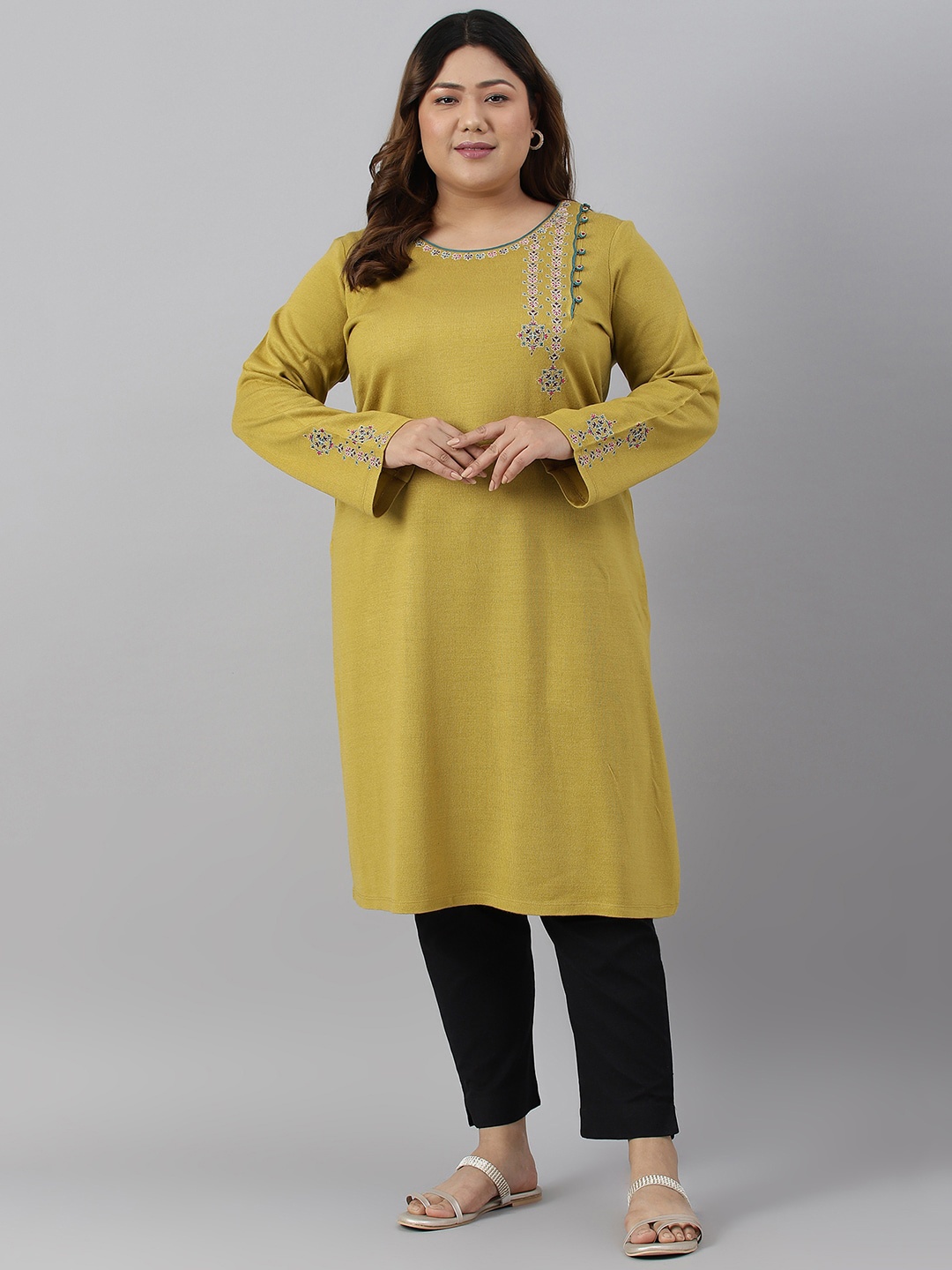 W Women Plus Size Ethnic Motifs Yoke Design Acrylic Kurta, Green