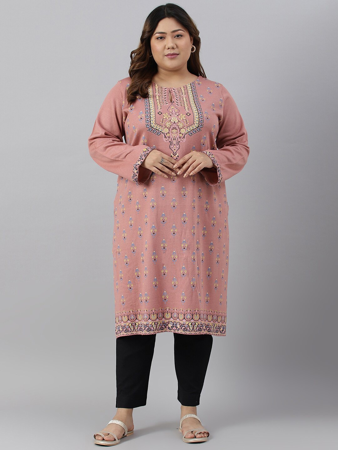 

W Women Plus Size Ethnic Motifs Printed Keyhole Neck Floral Acrylic Kurta, Pink