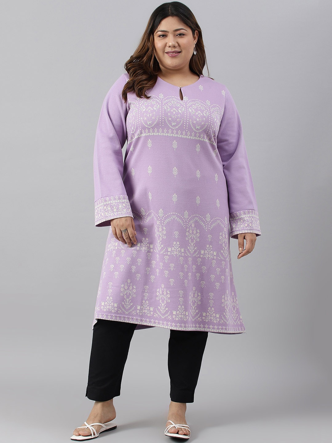 

W Women Plus Size Ethnic Motifs Printed Keyhole Neck Floral Kurta, Lavender