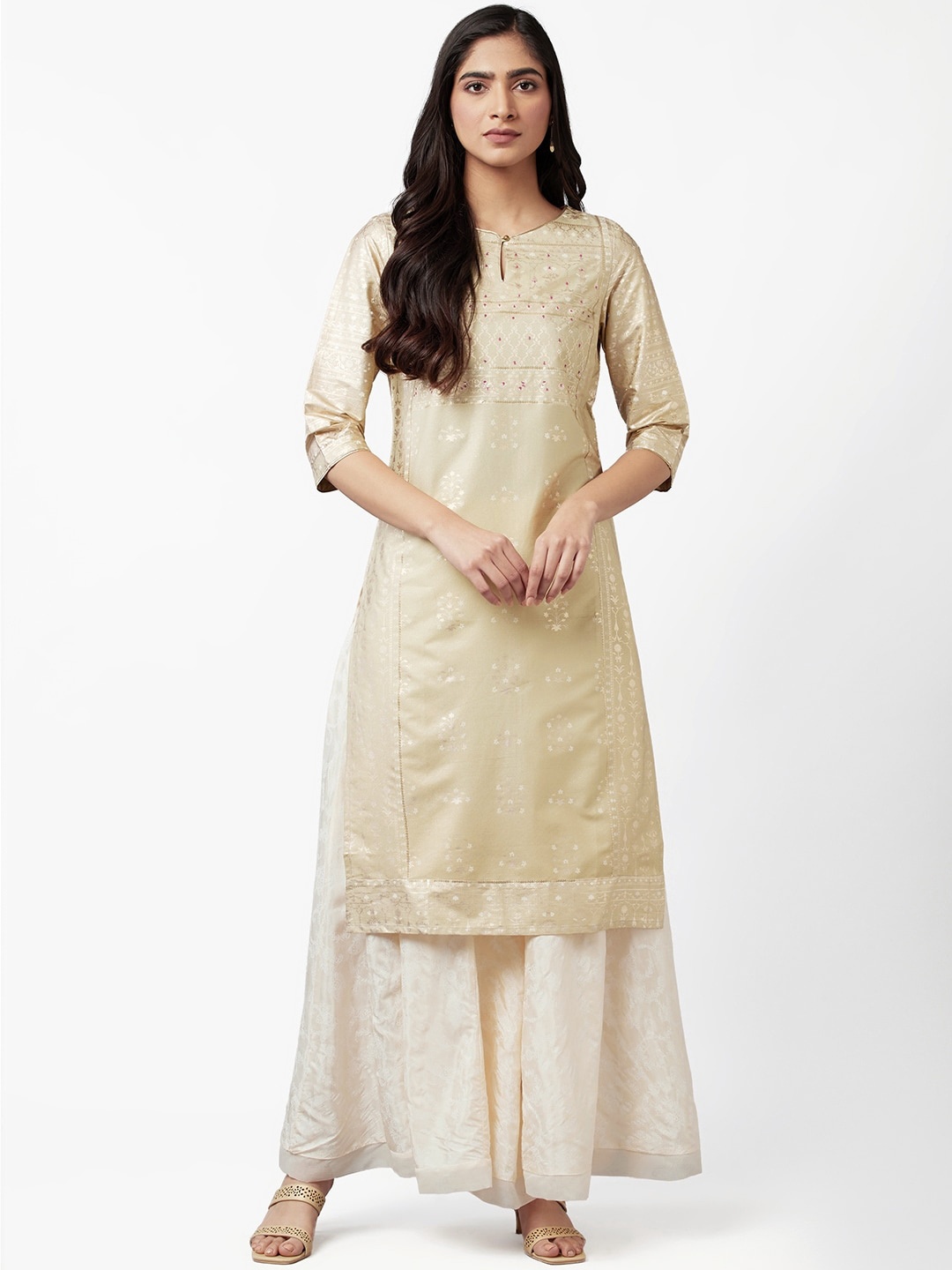 

W Women Ethnic Motifs Printed Keyhole Neck Pastels Kurta, Cream