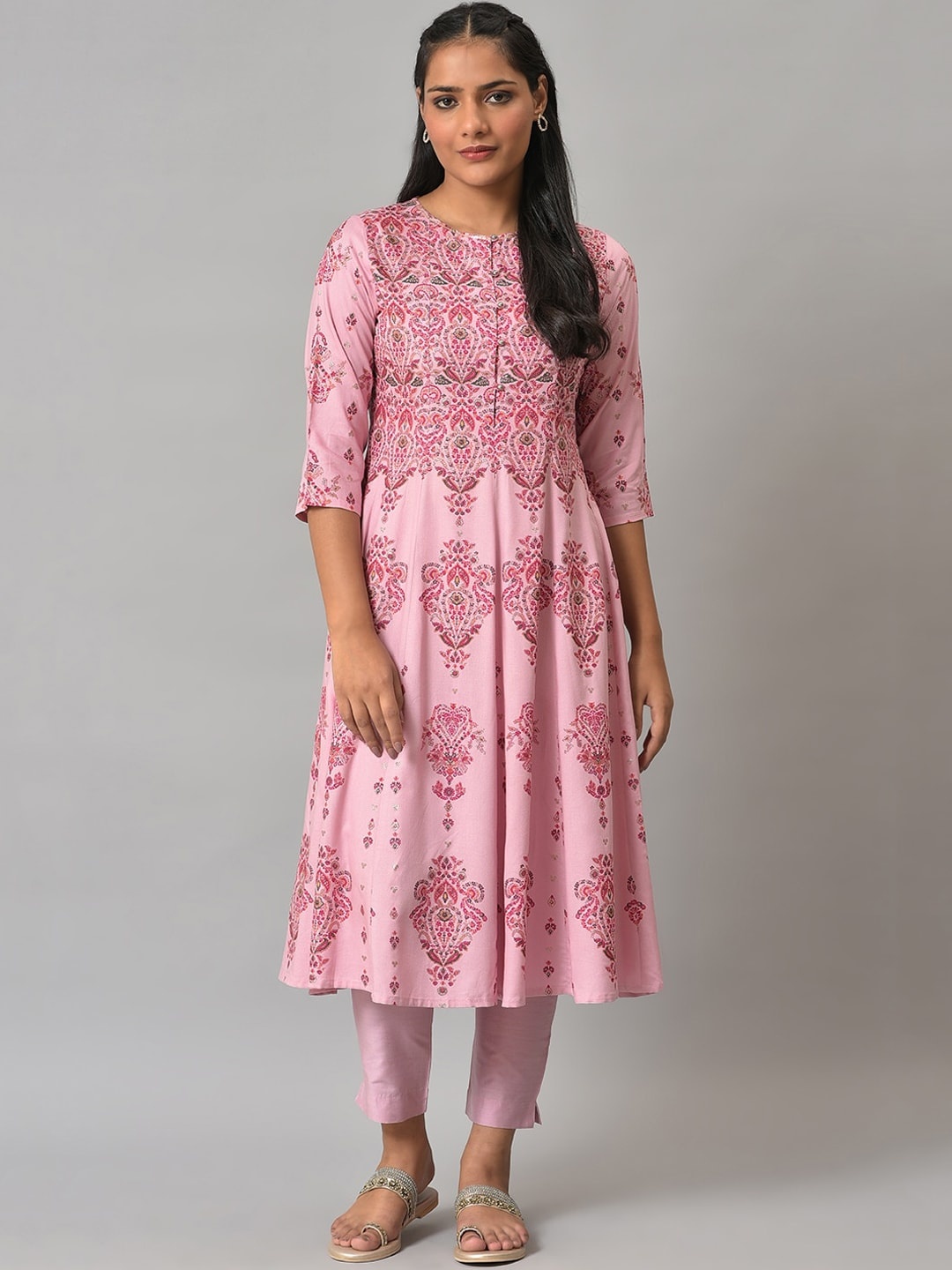 

W Women Ethnic Motifs Printed Keyhole Neck Indie Prints Kurta, Pink