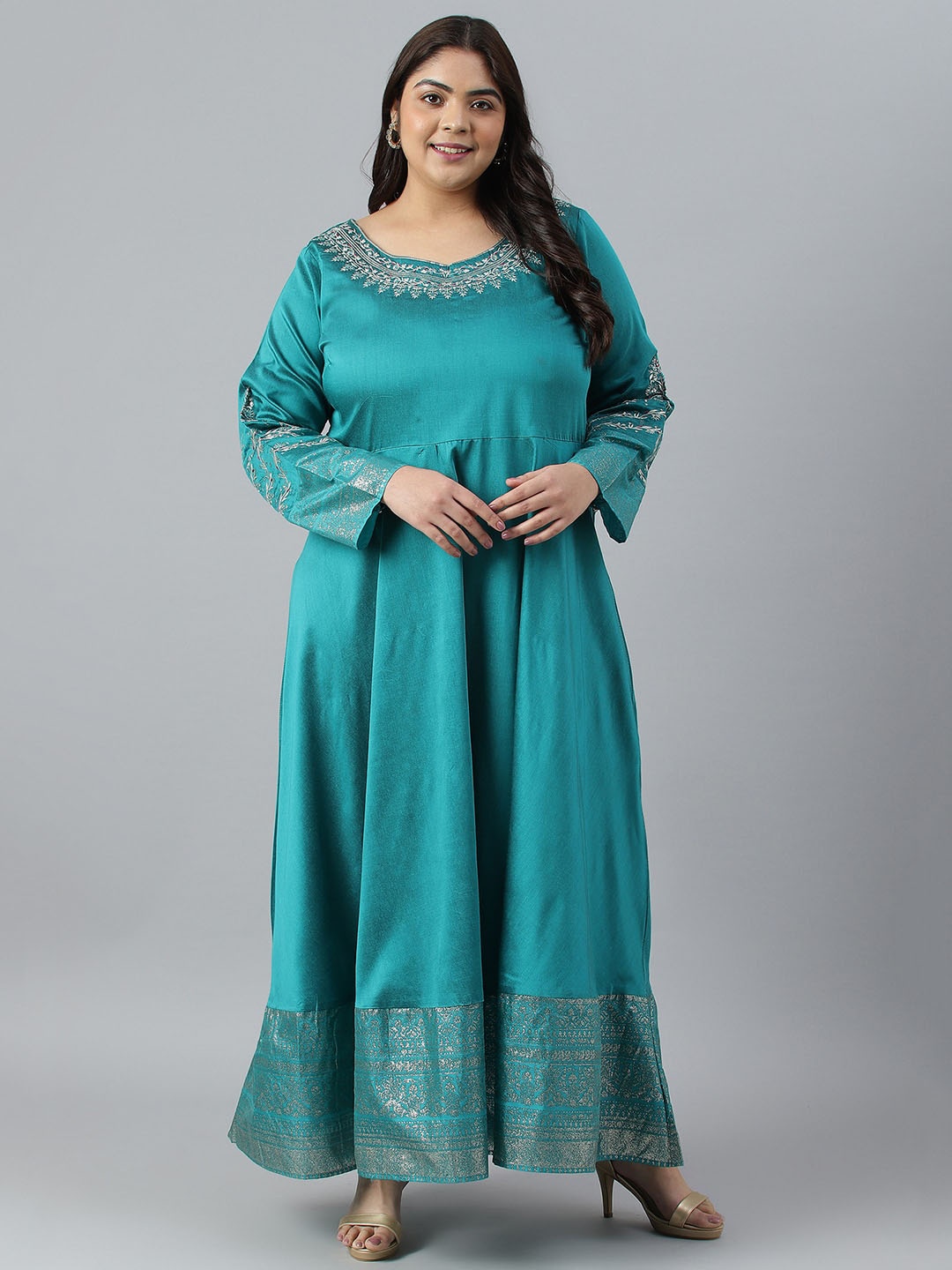 

W Plus Size Embroidered Ethnic Maxi Ethnic Dress, Blue