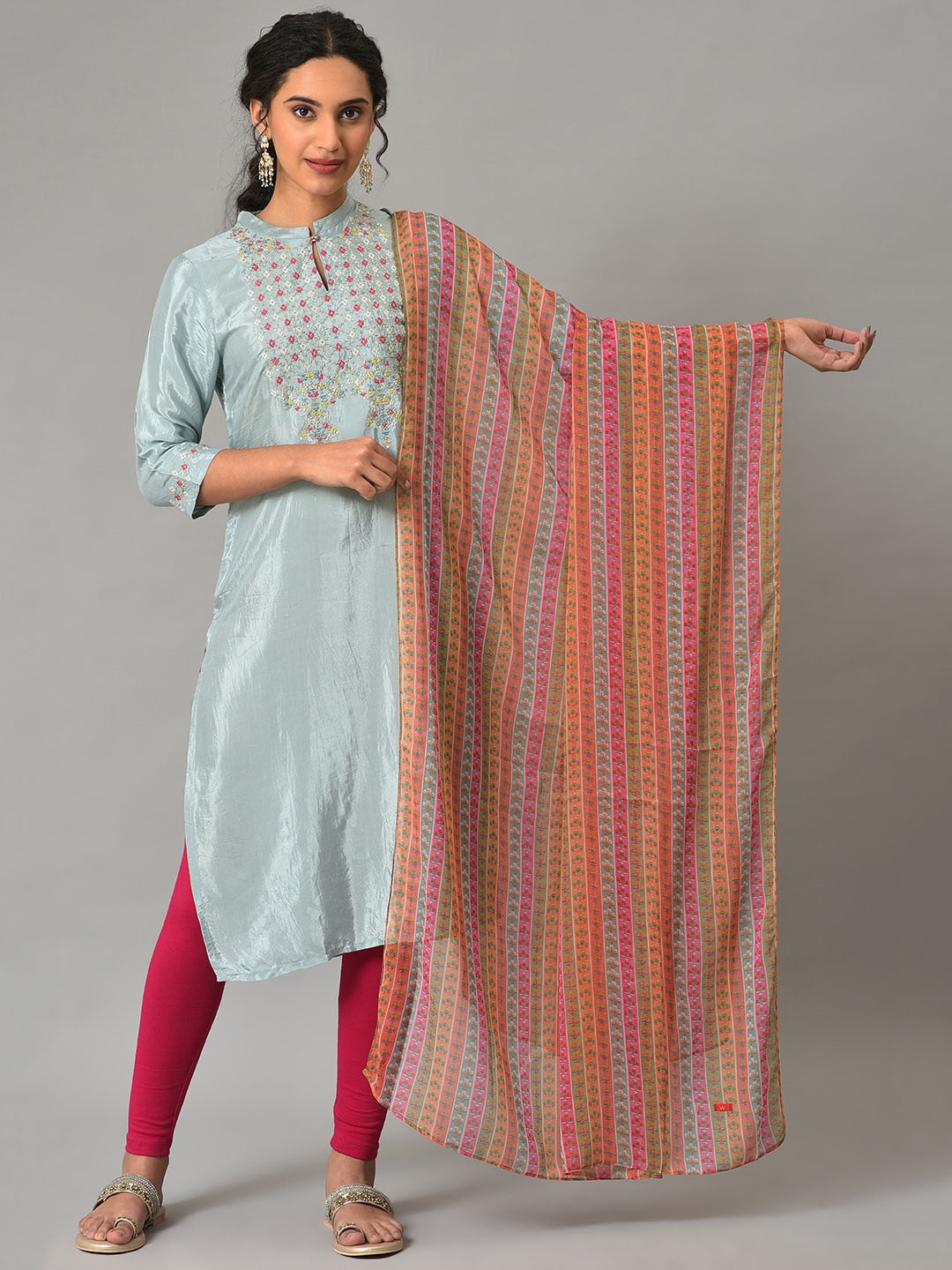 

W Striped With Solid Border Dupatta, Pink