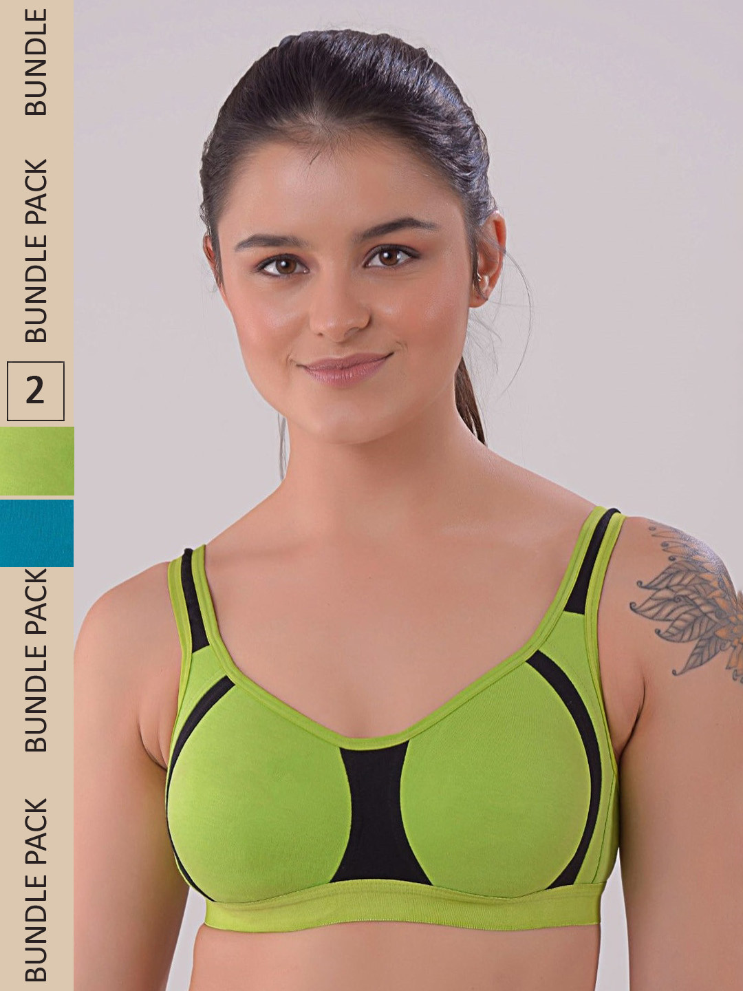 

Apraa & Parma Pack Of 2 Colourblocked Non Padded Running Sports Bra, Green
