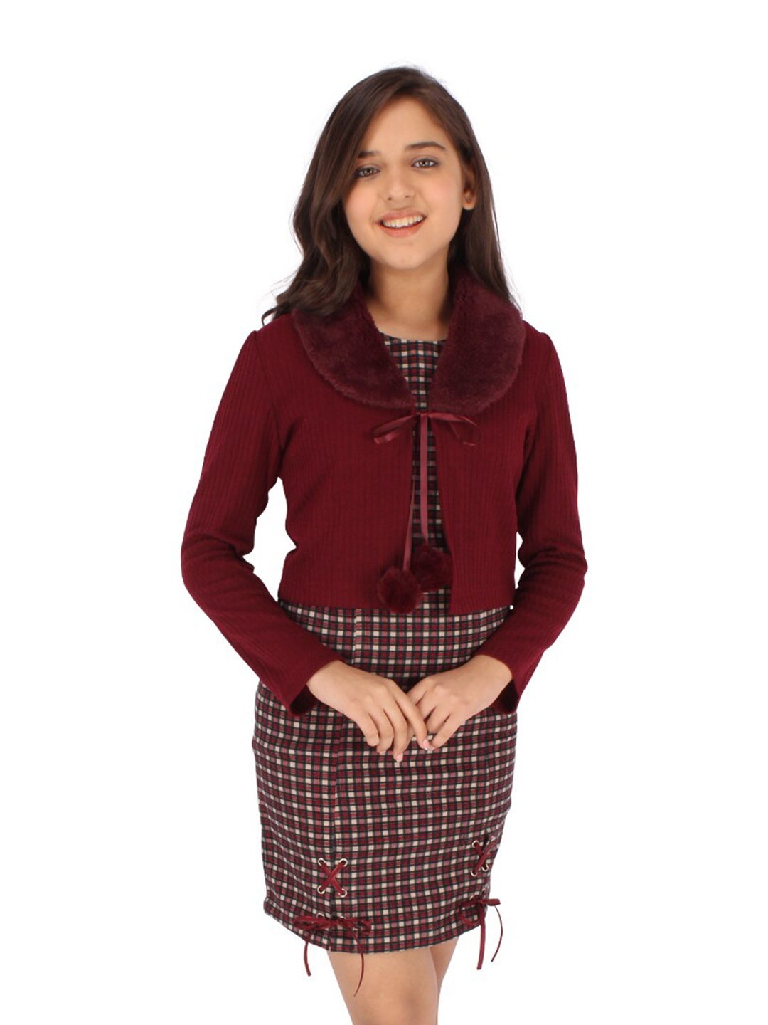 

CUTECUMBER Checked Sheath Dress with full sleeves Shrug, Maroon