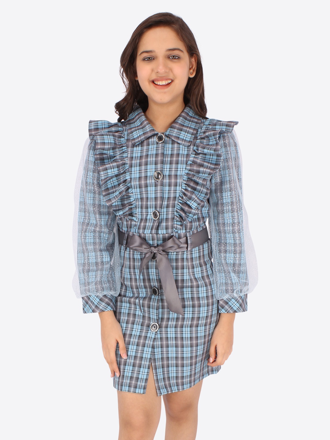 

CUTECUMBER Girls Tie-Ups Checked Shirt Dress, Blue