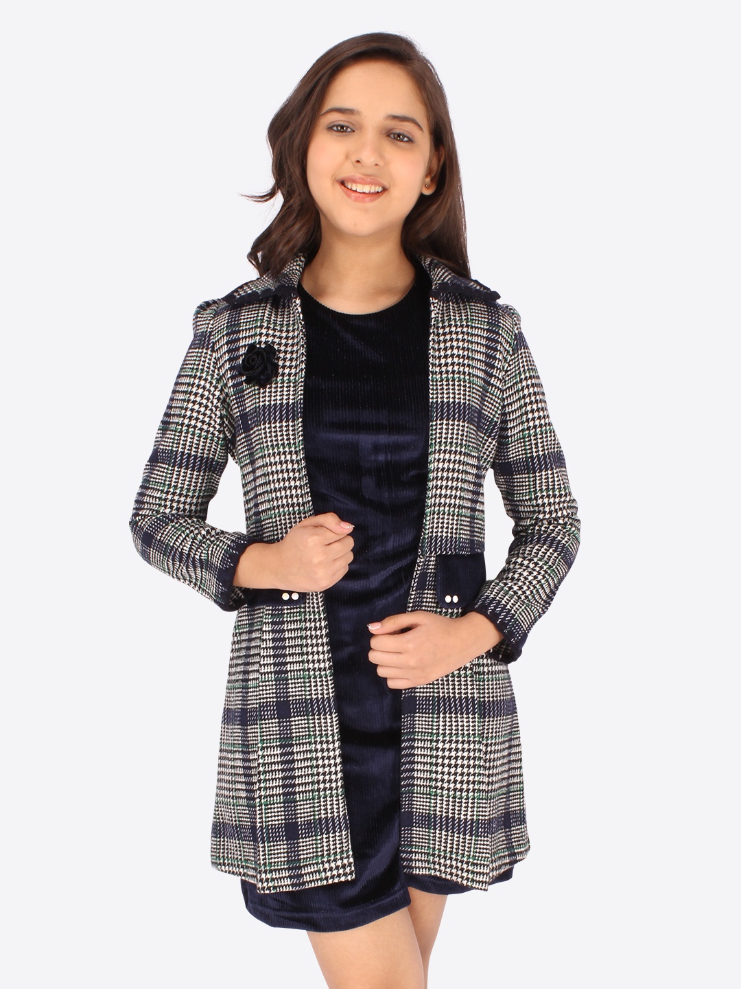 

CUTECUMBER Girls Striped Velvet A-Line Dress With Full Sleeves Jacket, Navy blue