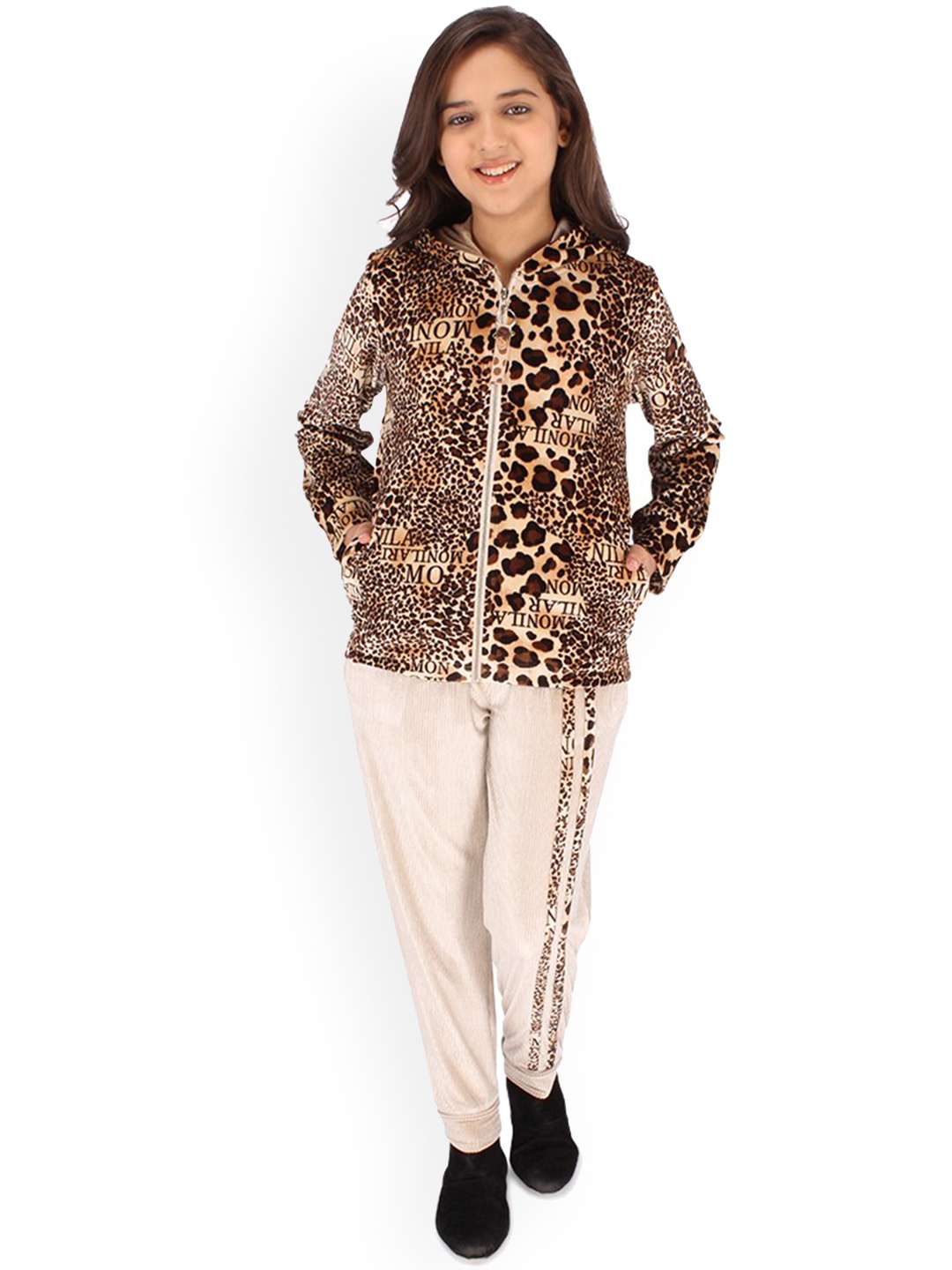 

CUTECUMBER Girls Animal Printed Hooded Track Suit, Beige