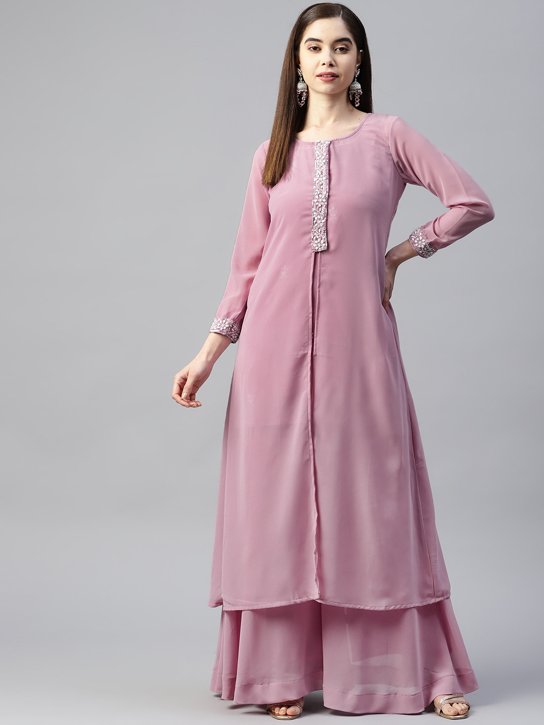 

SHADES OF FAASHION Women Floral Chikankari Thread Work Kurti Palazzos With Jacket, Pink