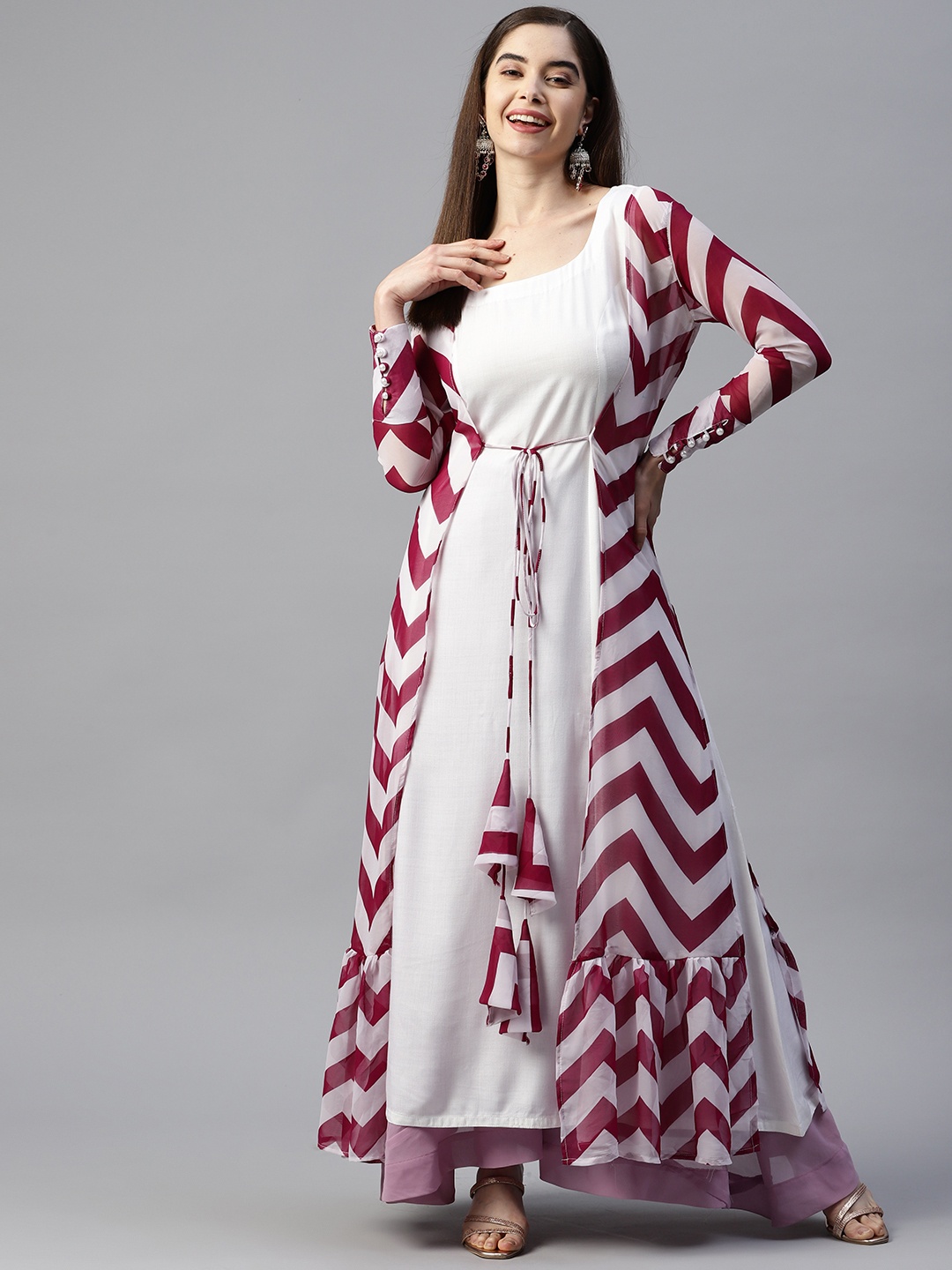 

SHADES OF FAASHION Chevron Chikankari Tiered Georgette Kurta, White