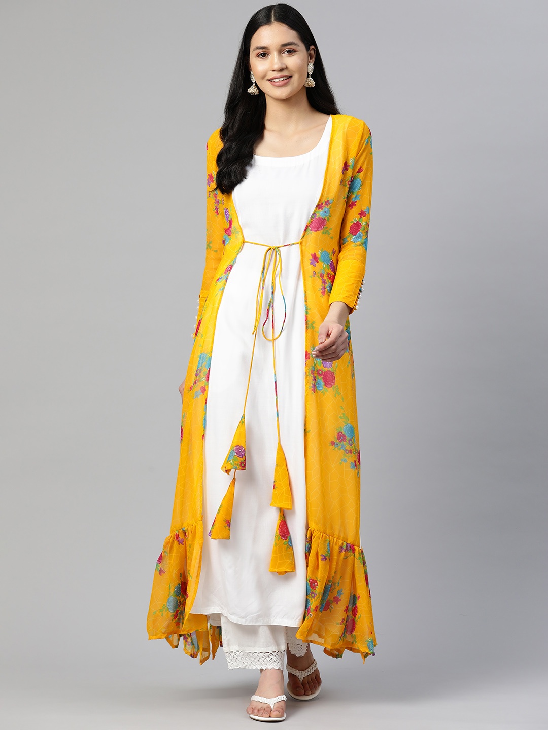 

SHADES OF FAASHION Floral Chikankari Tiering Georgette Kurta, Yellow