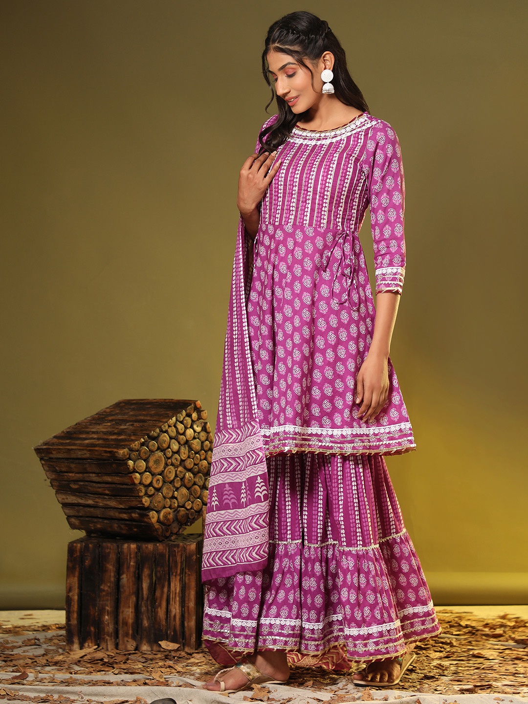 

Vbuyz Ethnic Motifs Printed Gotta Patti Pure Cotton Kurta with Sharara & With Dupatta, Purple