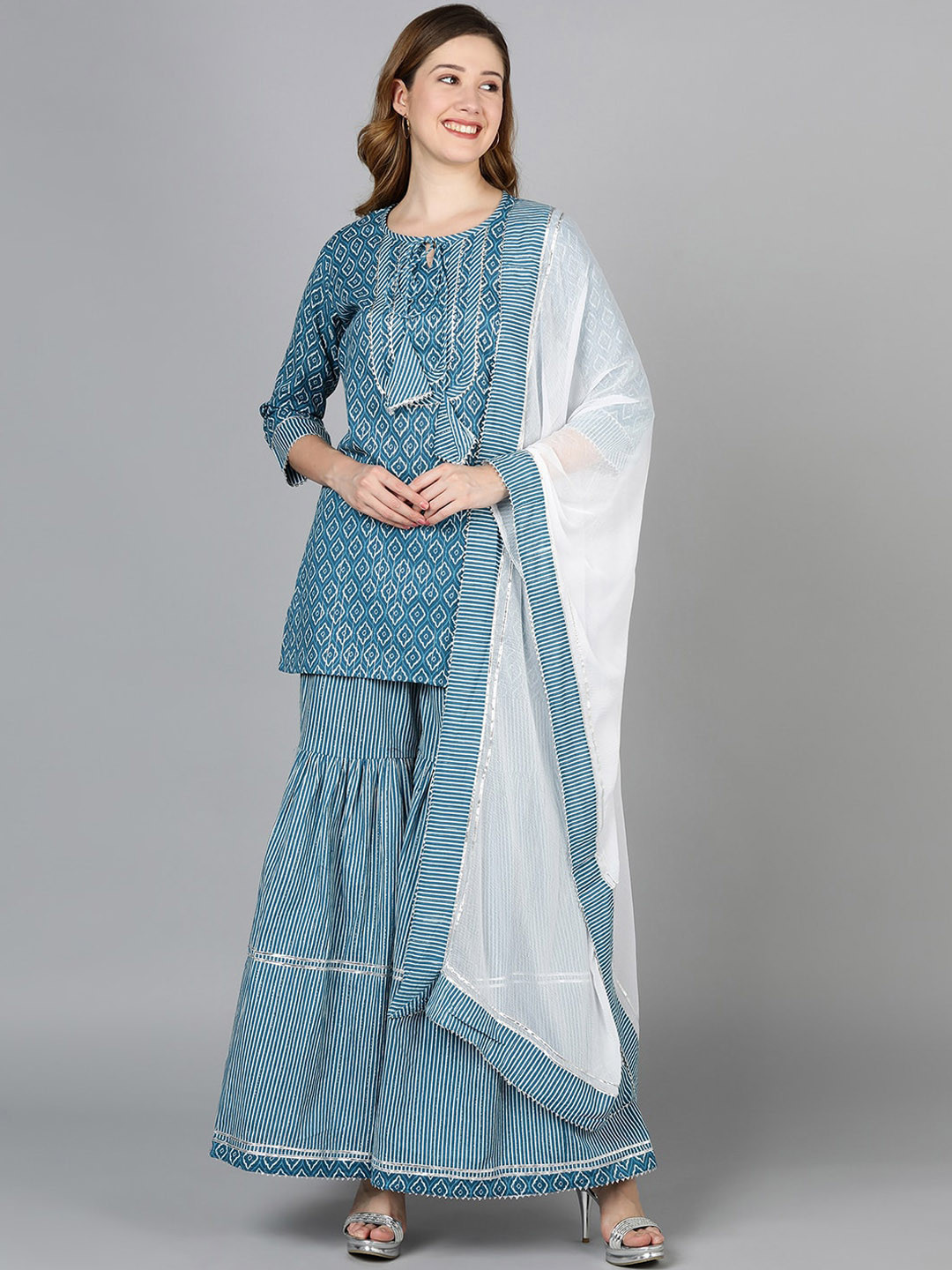 

Senyora Women Blue Ethnic Motifs Printed Gotta Patti Pure Cotton Kurti with Sharara & With Dupatta