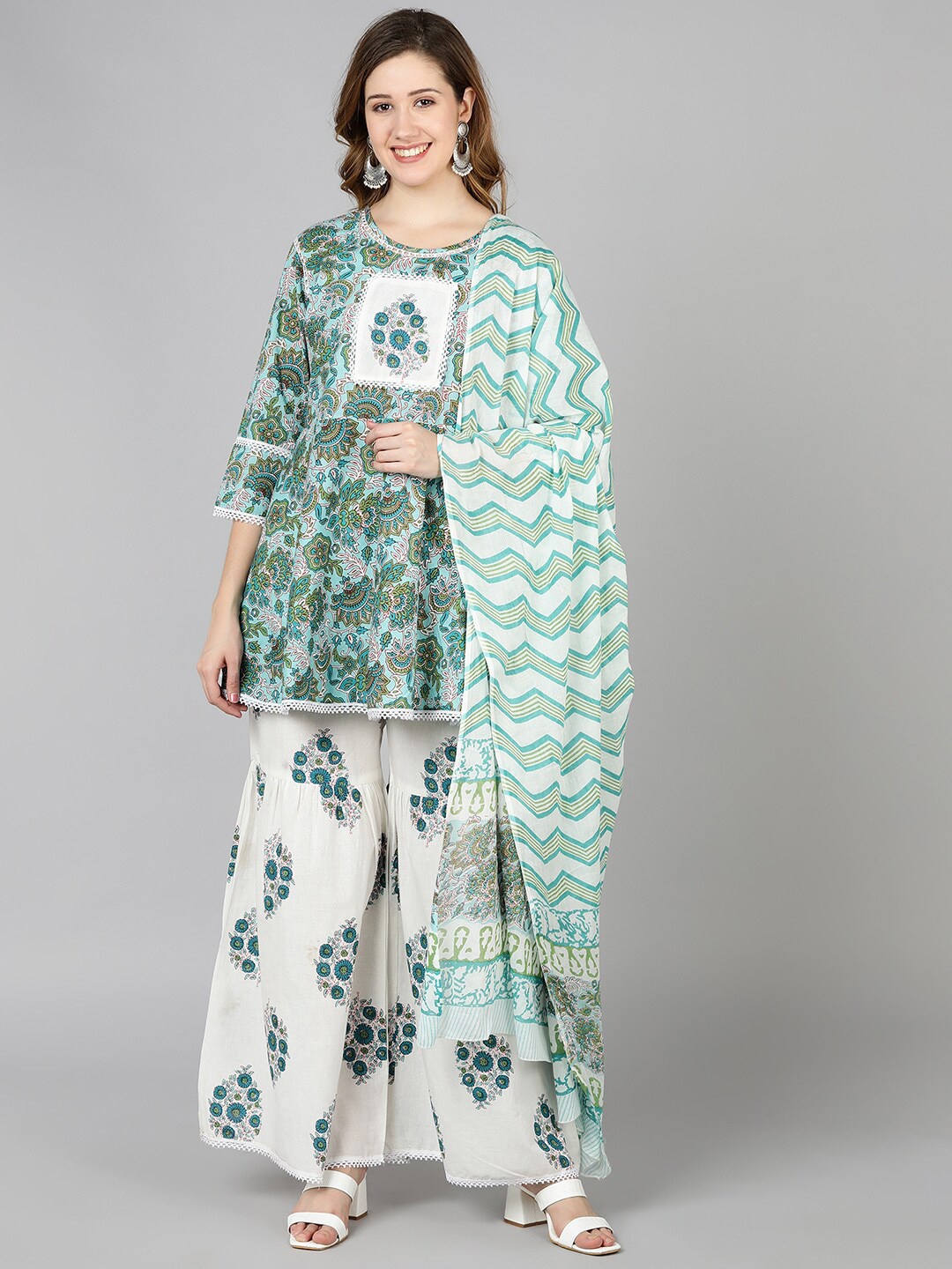 

Senyora Women Blue Floral Printed Pure Cotton Kurti with Sharara & With Dupatta