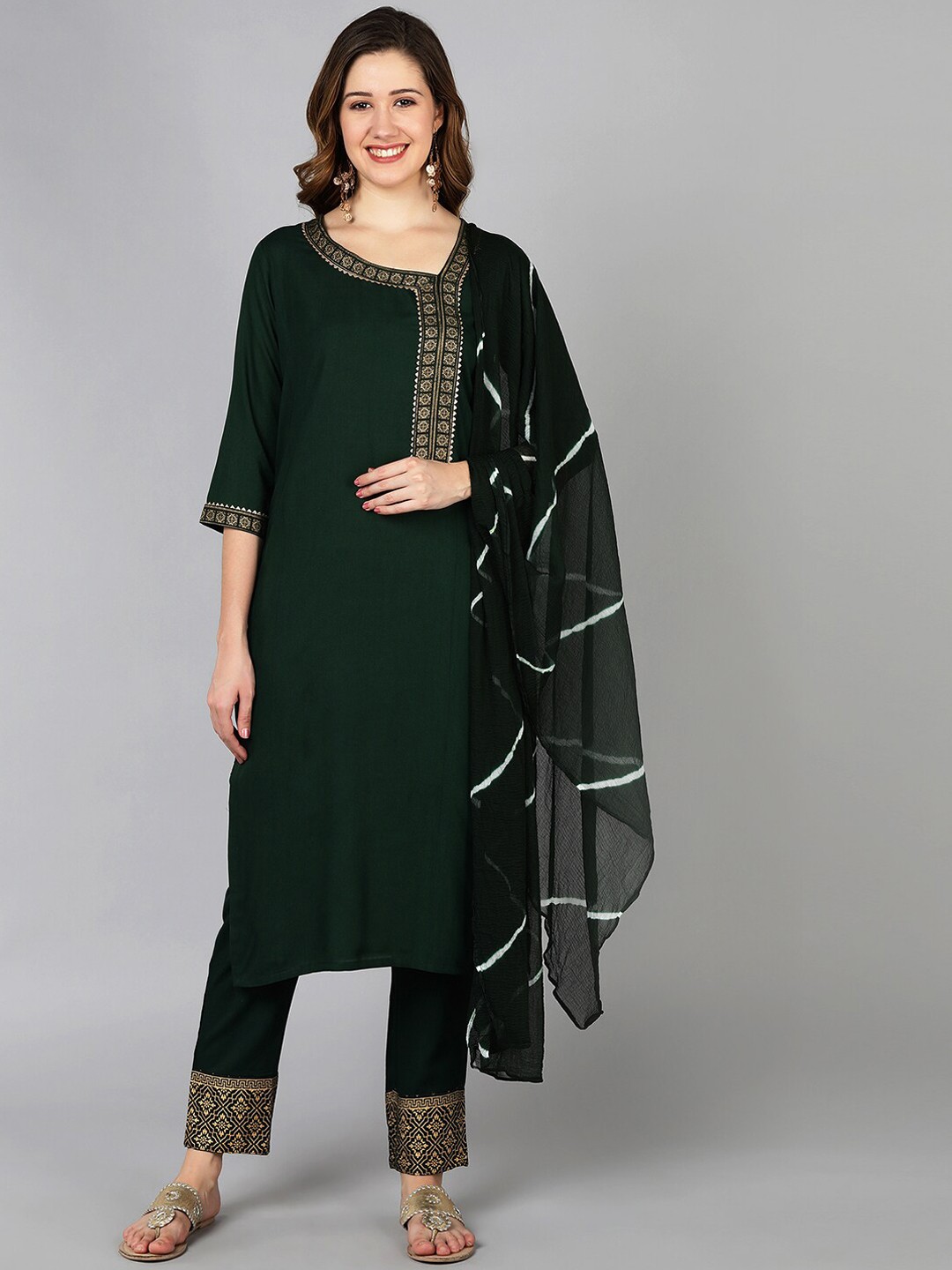 

Senyora Ethnic Motifs Printed Gotta Patti Kurta with Trousers & Dupatta, Olive