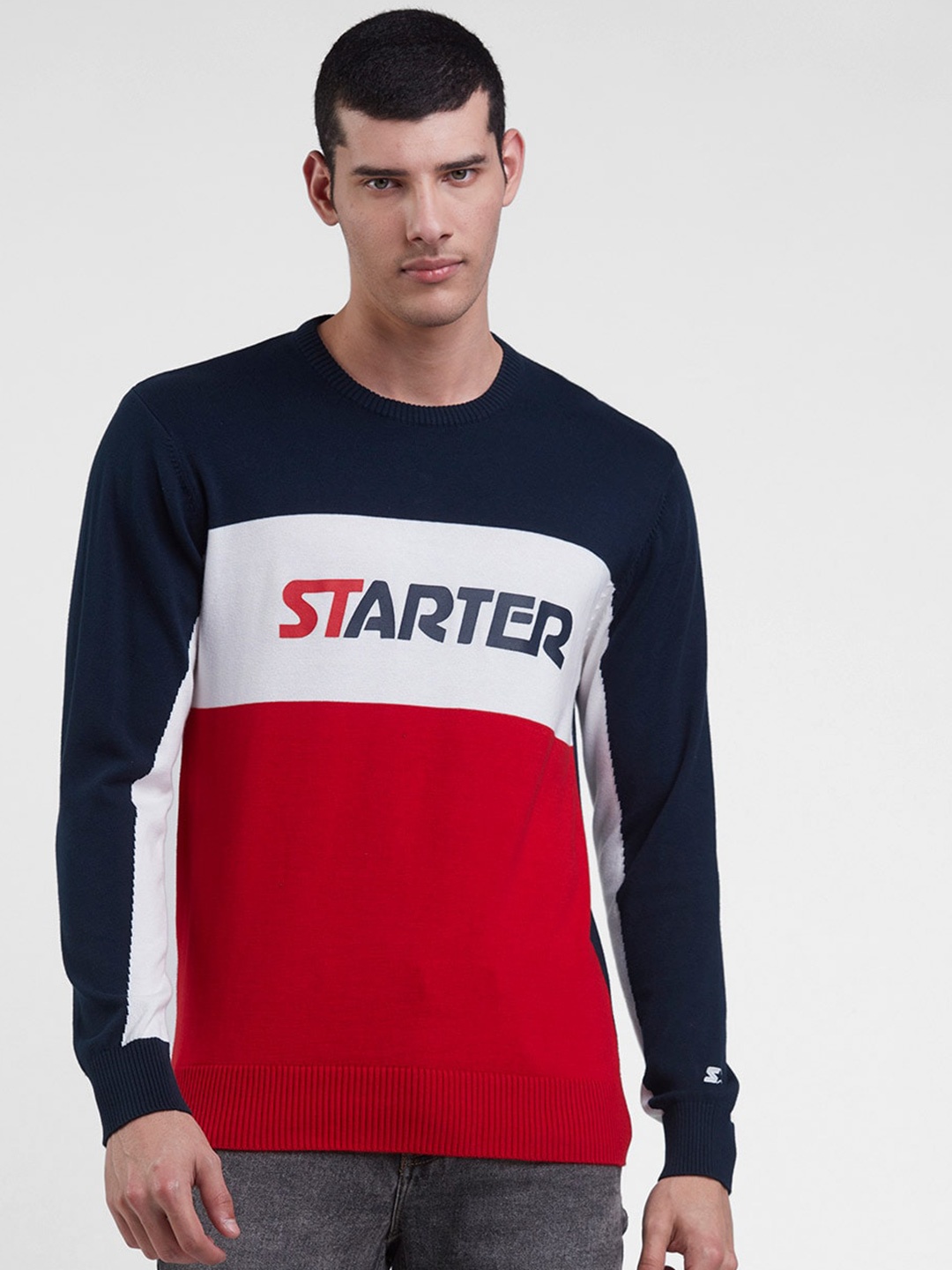

STARTER Men Colourblocked Pure Cotton Pullover, Red