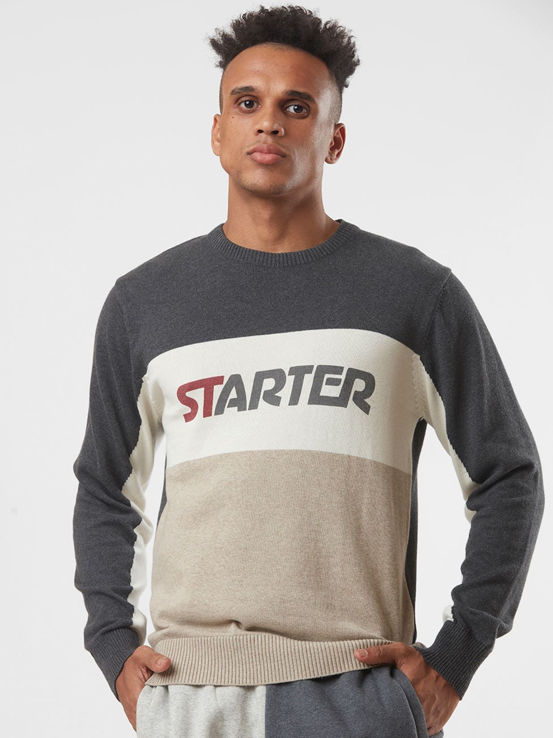 

STARTER Men Colourblocked Pure Cotton Pullover Sweater, Beige