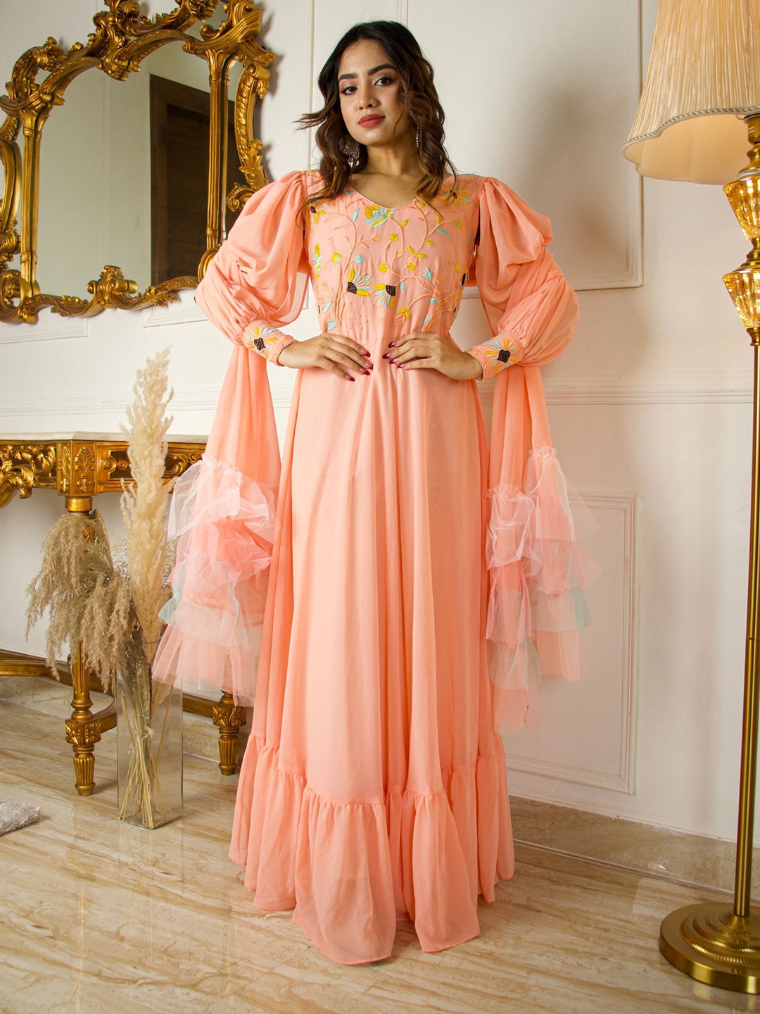 

Virah Fashion Peach-Coloured Georgette Maxi Maxi Dress
