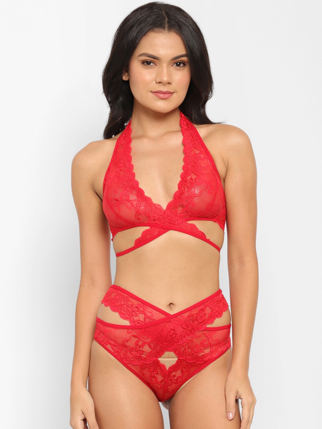 

N-Gal Lace Criss Cross Bra & Brief Set KRLS12-Red