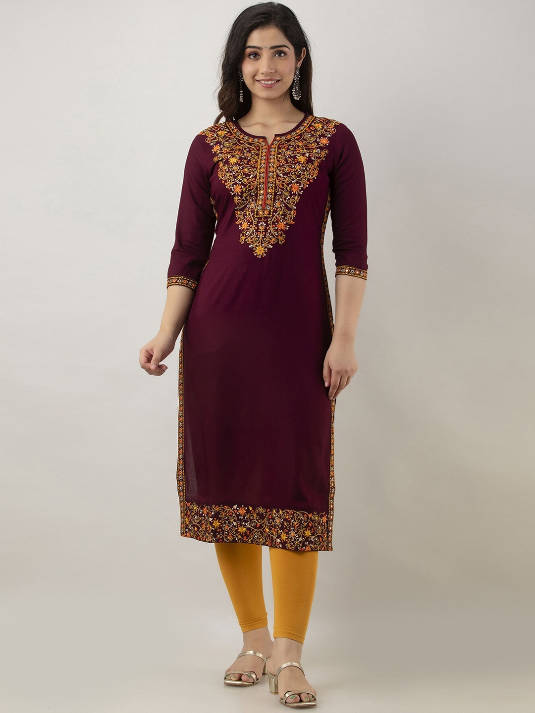 FASHION DEPTH Ethnic Motifs Embroidered Mirror Work Kurta, Magenta