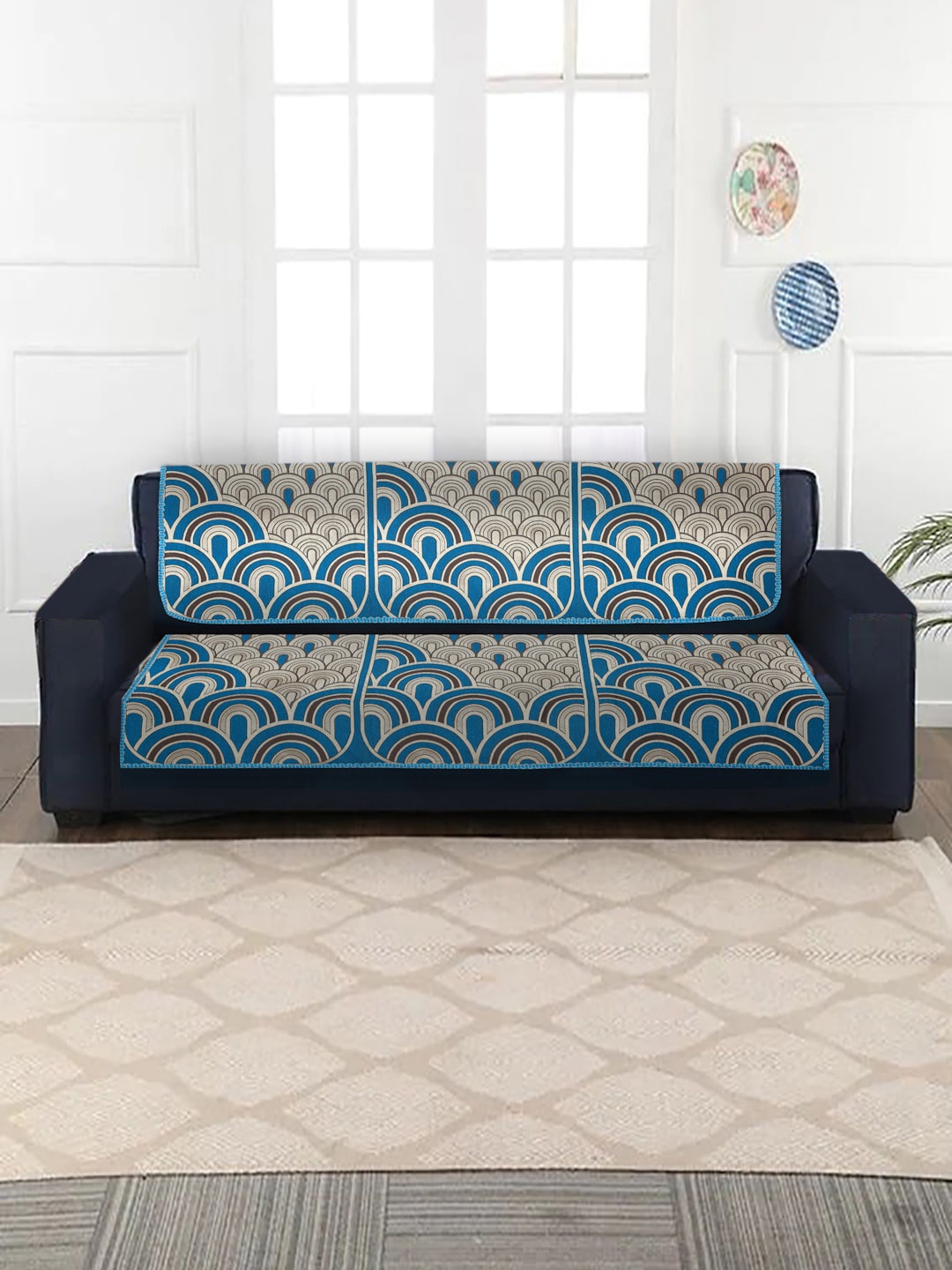 

MULTITEX Blue & Brown 6 Pcs Self Design Velvet 3 Seater Sofa Cover
