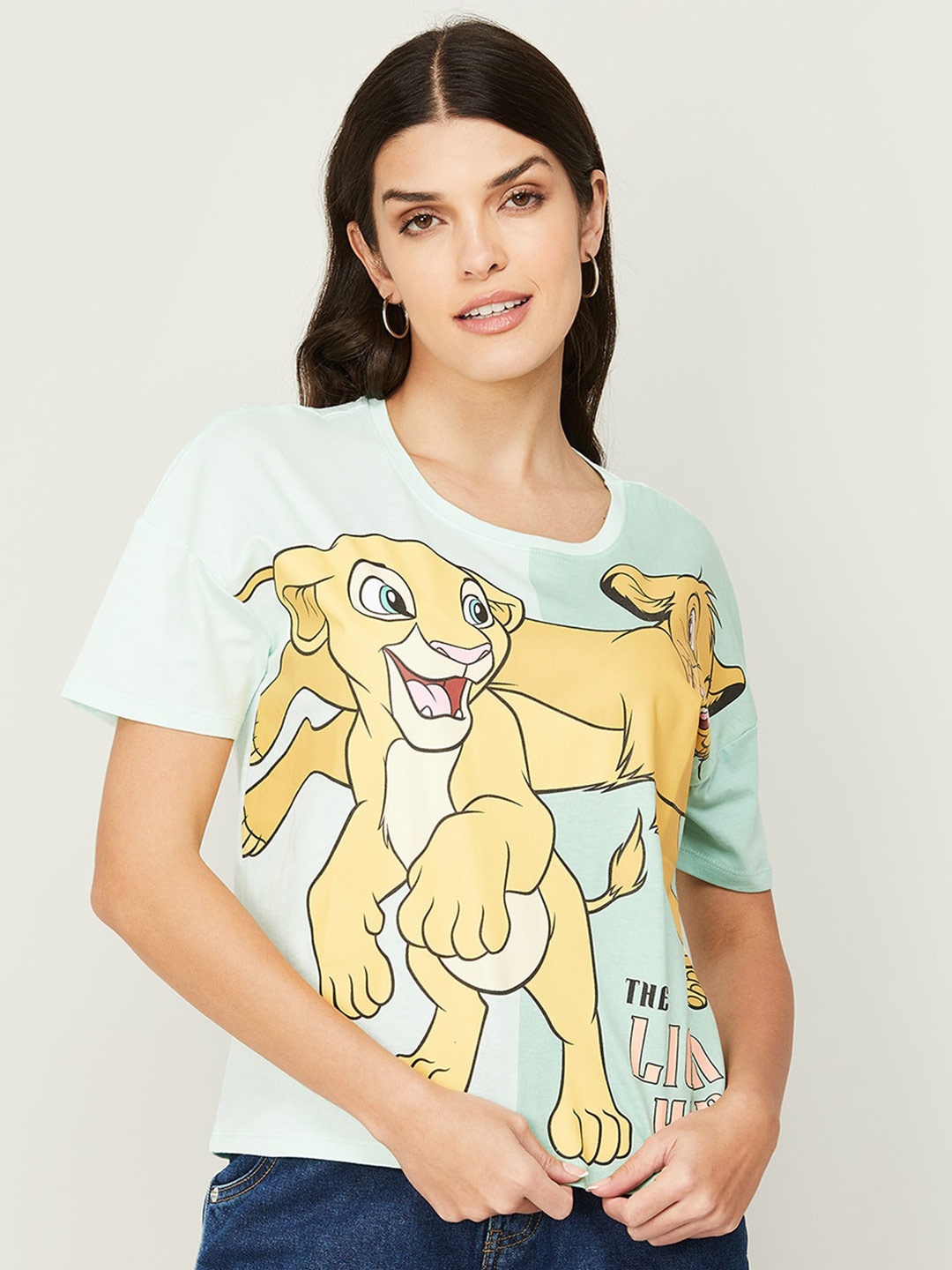 

Ginger by Lifestyle Women Lion King Printed Cotton T-shirt, Sea green