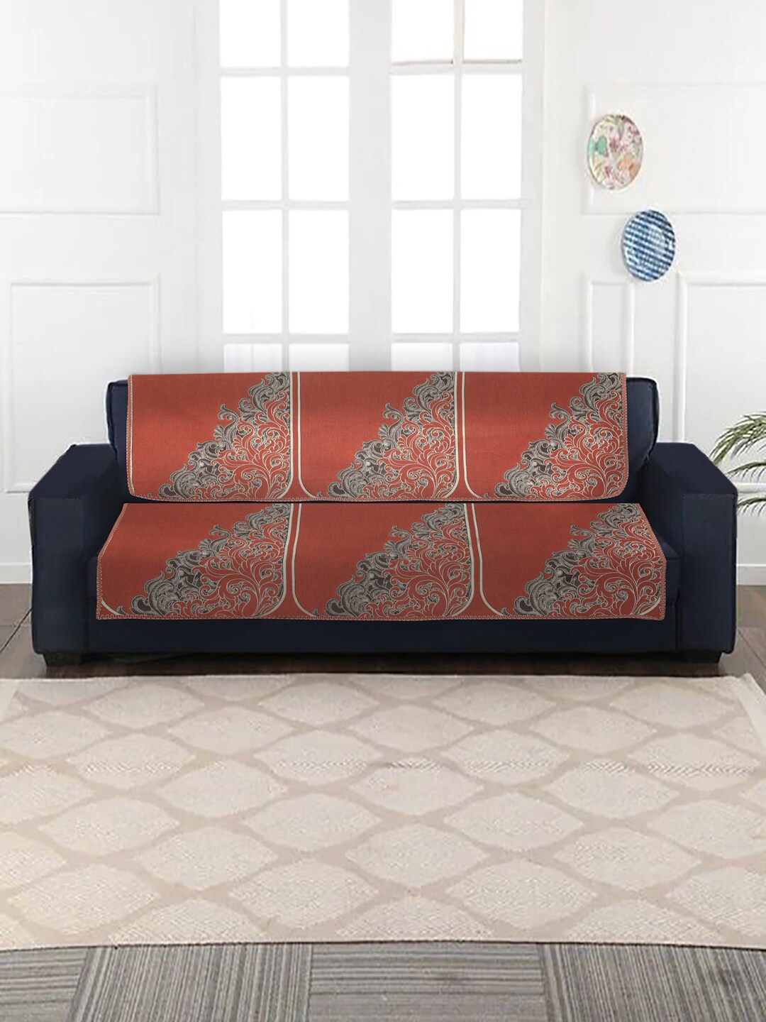

MULTITEX Rust Orange & Grey Printed 3-Seater Velvet Sofa Covers
