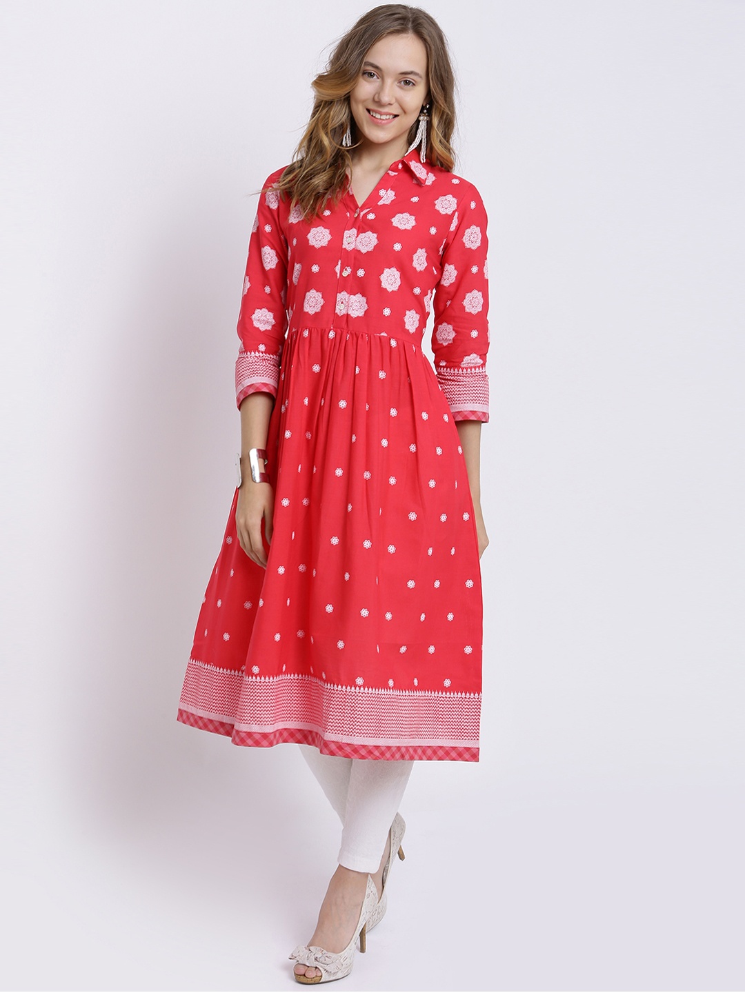 

Vishudh Women Coral & White Printed A-Line Kurta