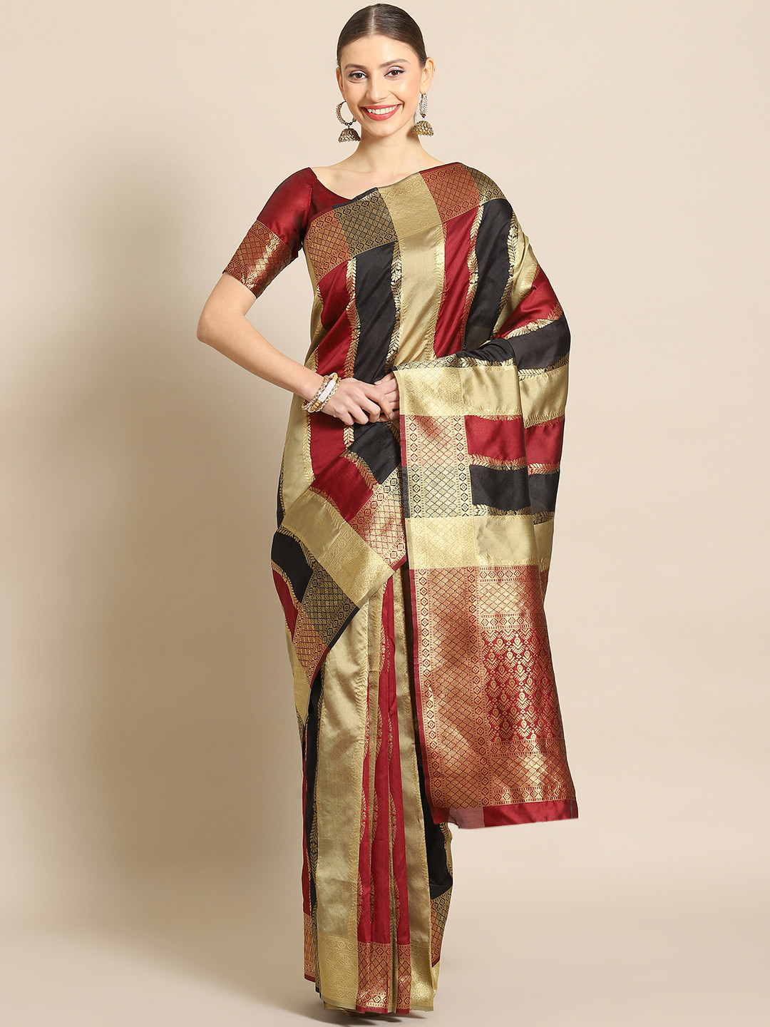 

Mitera Striped Zari Silk Blend Banarasi Saree, Maroon