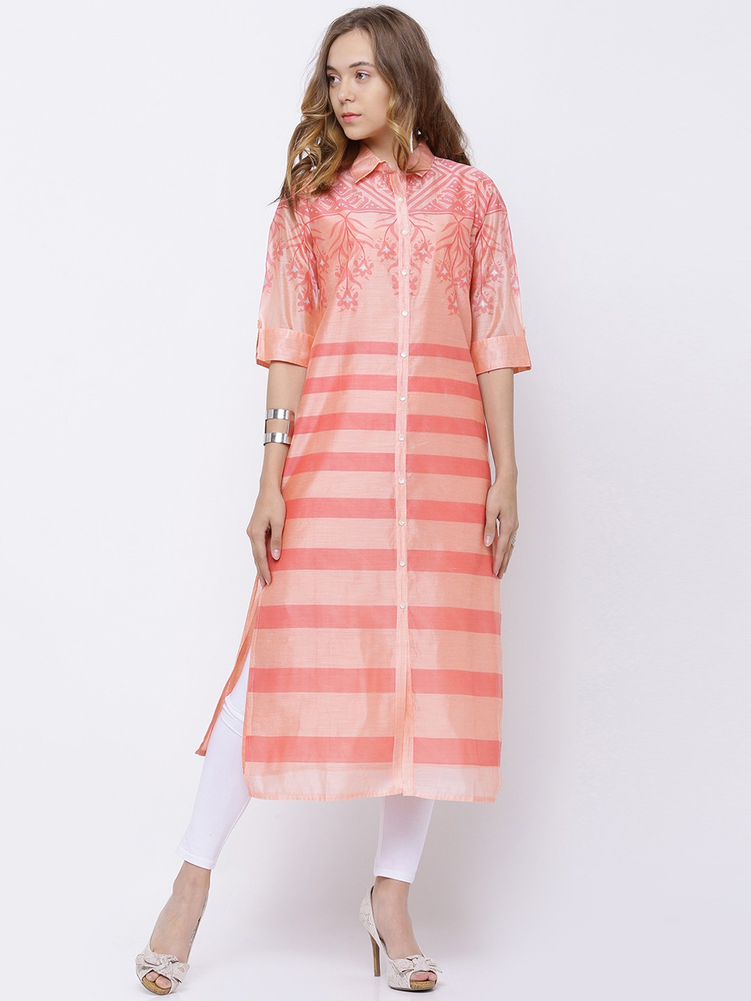 

Vishudh Women Peach-Coloured Printed A-Line Kurta